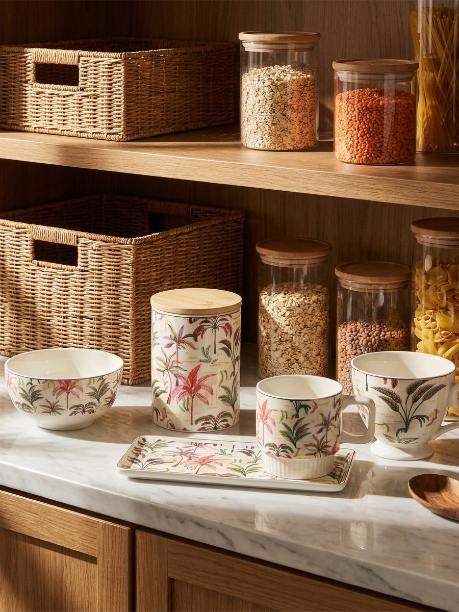 Tropical Print New Bone China Jar with Bamboo Lid - 600 ml