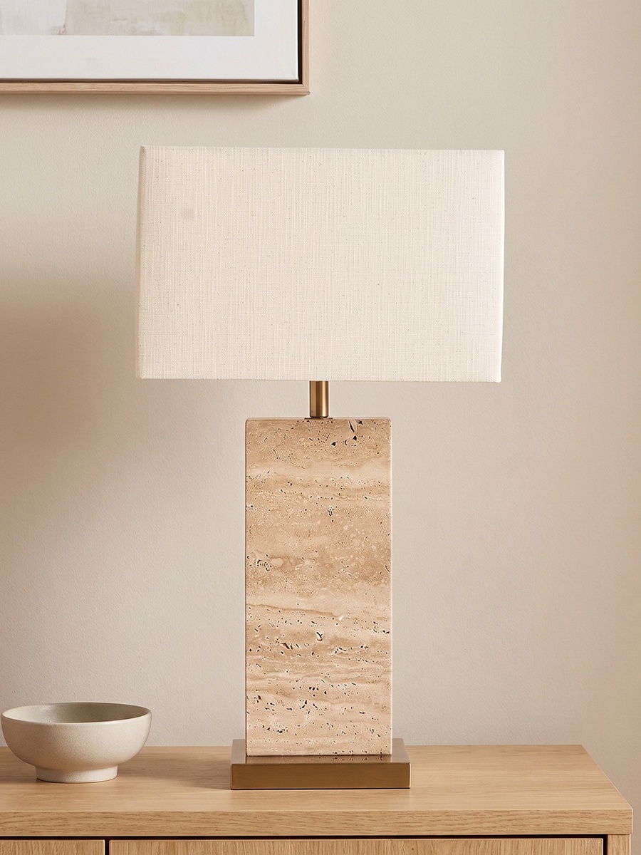 Caylan Travertine Table Lamp with Metal Base and Linen Shade - 64 cm
