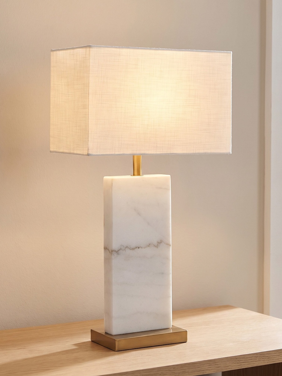 Caylan Marble Table Lamp with Metal Base and Linen Shade - 64 cm