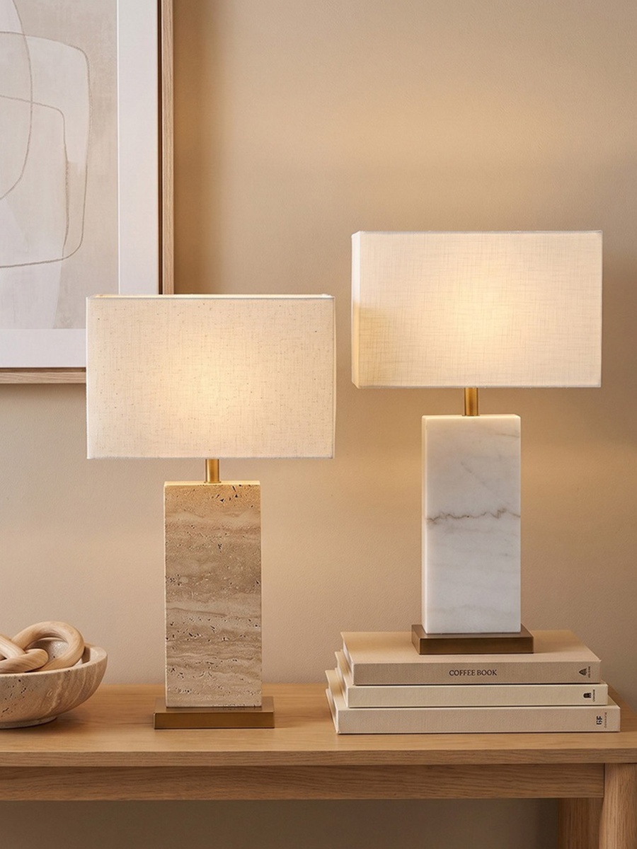 Caylan Marble Table Lamp with Metal Base and Linen Shade - 64 cm