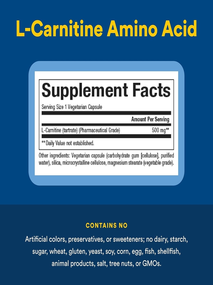 L-Carnitine 500 mg | Unflavored | Energy Management | L-Carnitine, Free Form Amino Acid |  60 Vegetarian Capsules