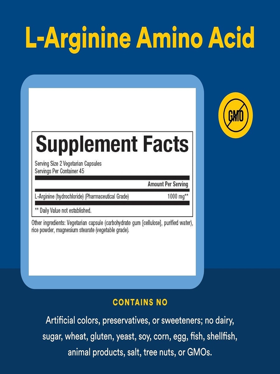 L-Arginine 500 mg | Unflavored | Heart Health Support | L-Arginine, Free Form Amino Acid |  90 Vegetarian Tablets