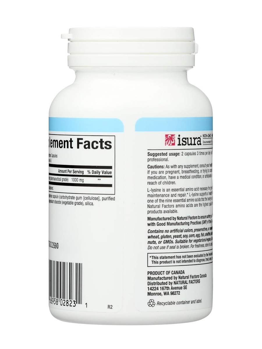 L-Lysine 500 mg | Unflavored | Energy Management | Calcium, Free Form Amino Acid |  90 Vegetarian Capsules