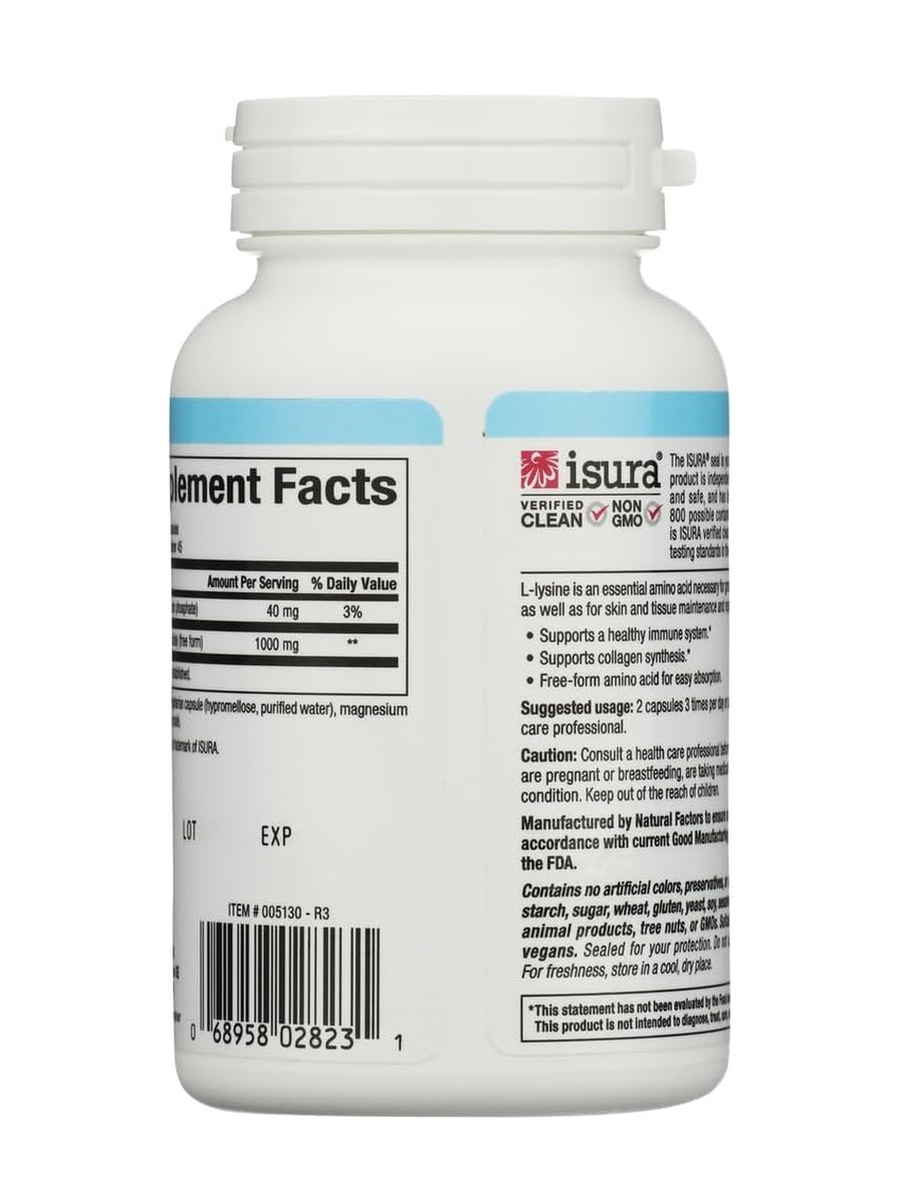 L-Lysine 500 mg | Unflavored | Energy Management | Calcium, Free Form Amino Acid |  90 Vegetarian Capsules