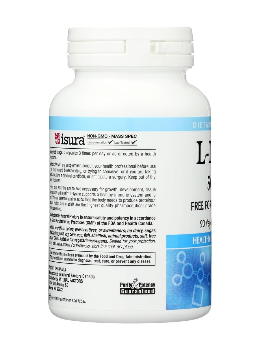 L-Lysine 500 mg | Unflavored | Energy Management | Calcium, Free Form Amino Acid |  90 Vegetarian Capsules
