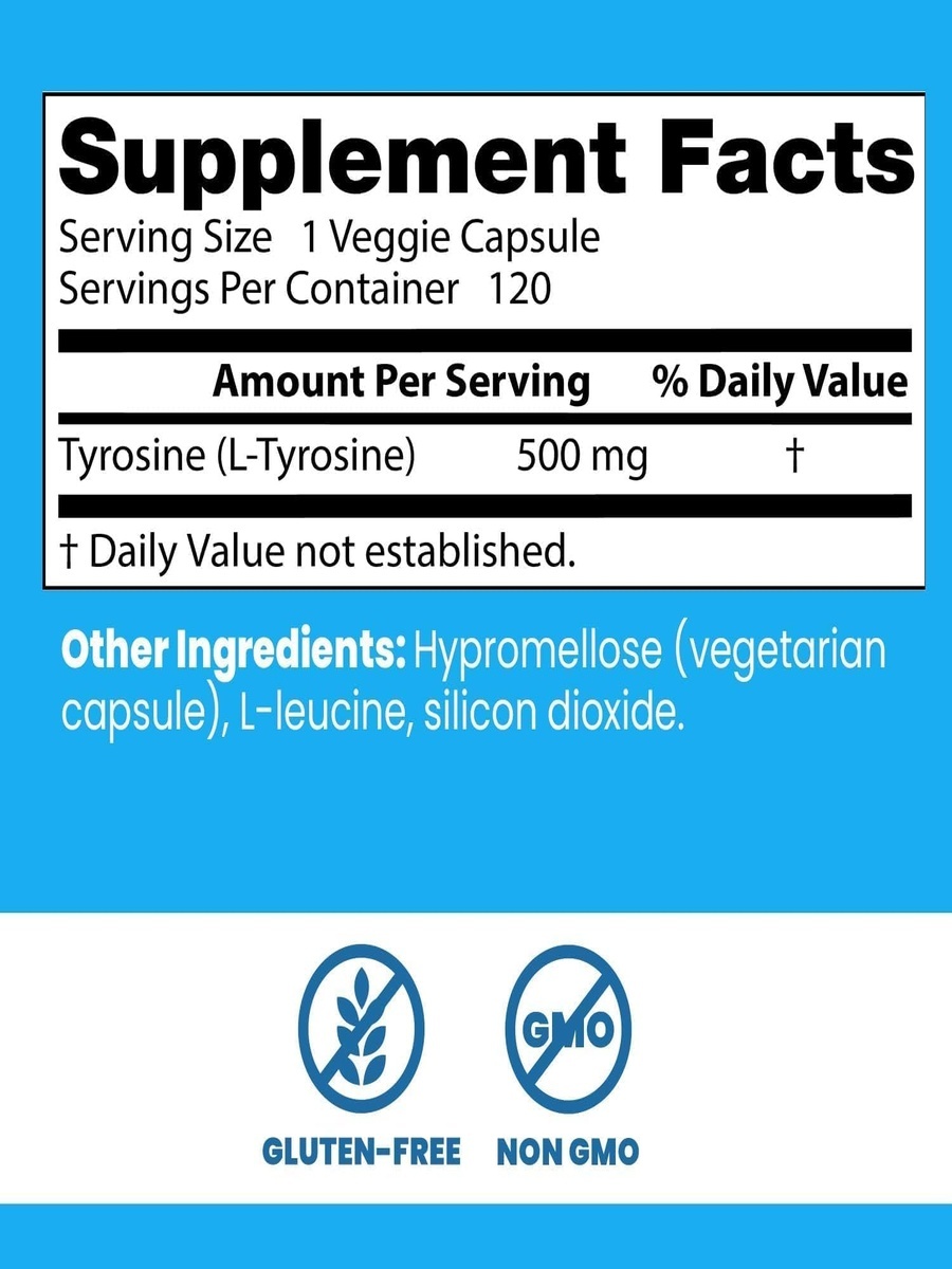 L-Tyrosine | Healthy Brain Function & Cognitive Support | Amino Acid Supplement | Non-GMO & Gluten-Free | 120 Veggie Capsules