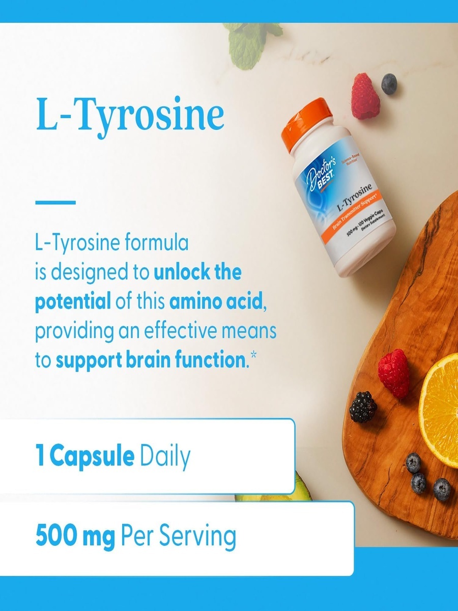 L-Tyrosine | Healthy Brain Function & Cognitive Support | Amino Acid Supplement | Non-GMO & Gluten-Free | 120 Veggie Capsules