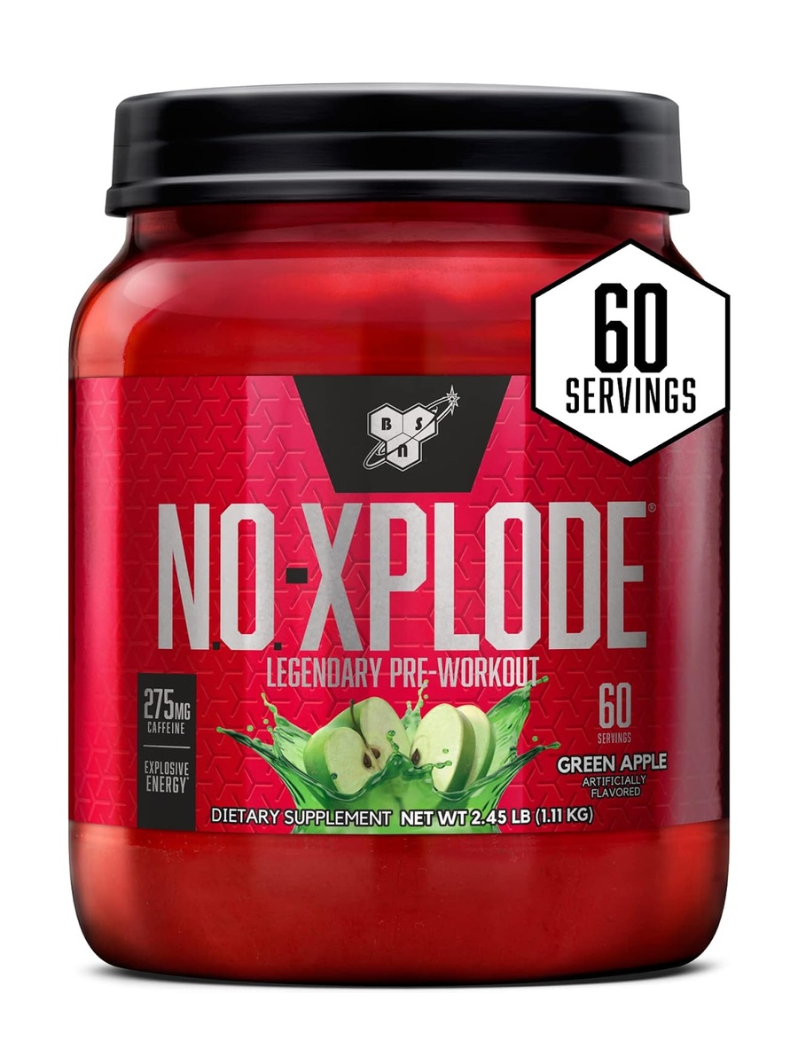 N.O.-XPLODE Pre-Workout Supplement with Creatine, Caffeine 275 mg | Green Apple, 1110 g | Energy Management | 60 Servings