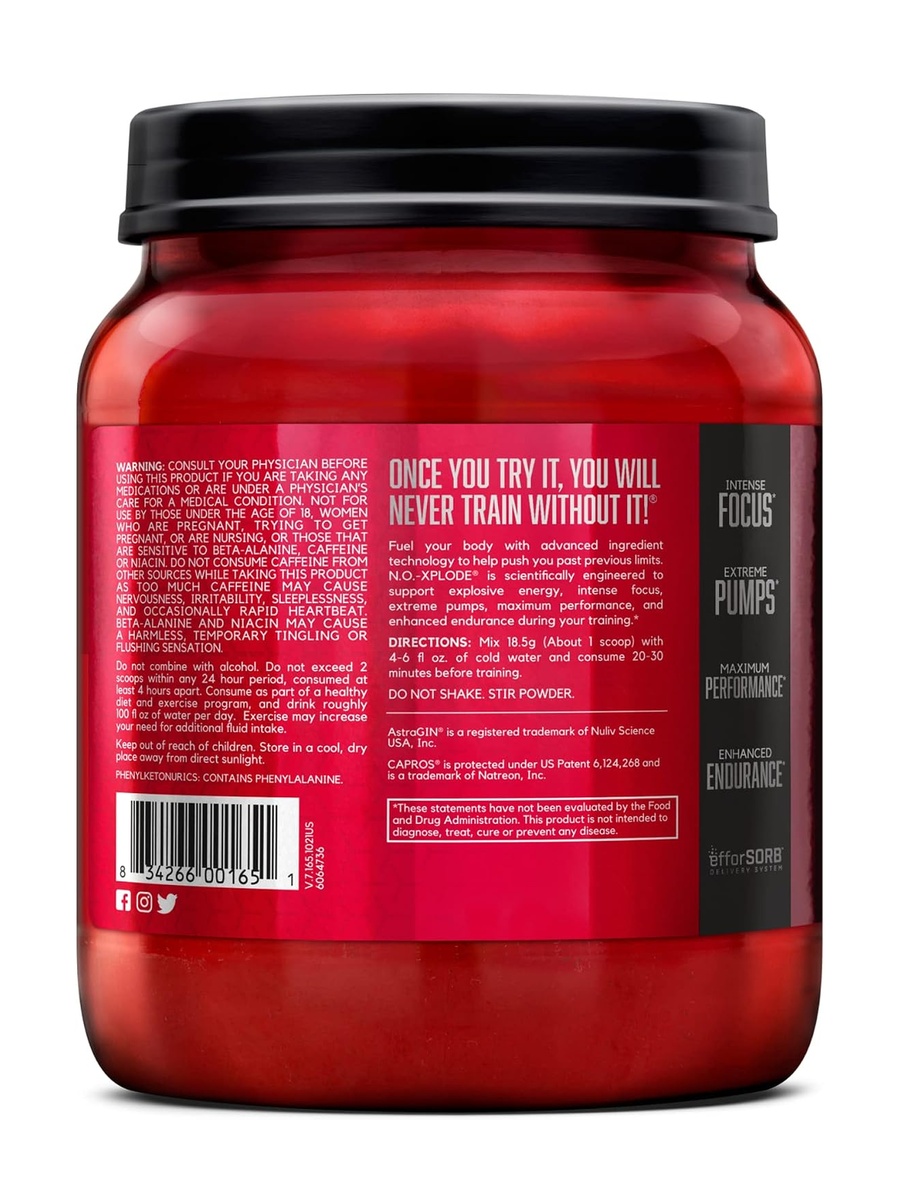 N.O.-XPLODE Pre-Workout Supplement with Creatine, Caffeine 275 mg | Green Apple, 1110 g | Energy Management | 60 Servings