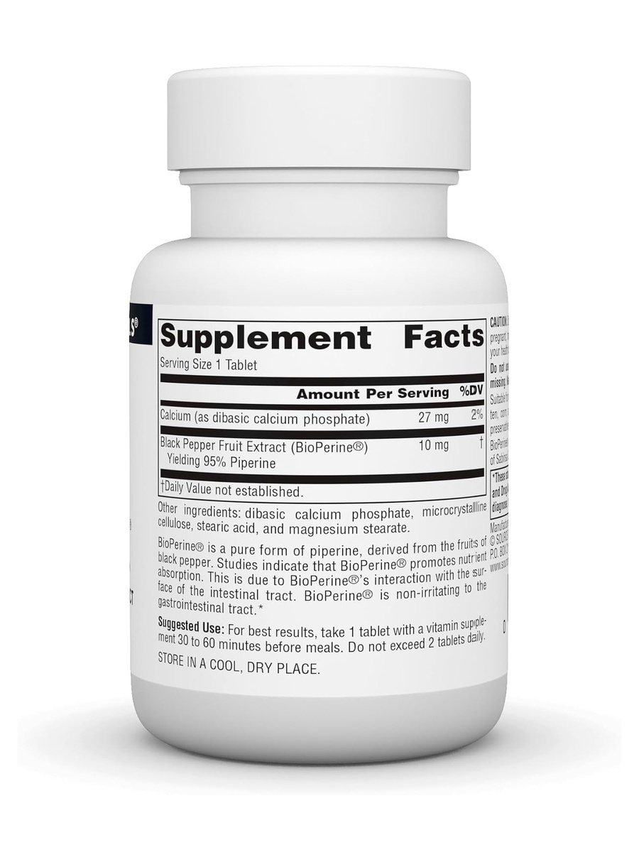 BioPerine Black Pepper Fruit Extract 10 mg | Unflavored | Hypoallergenic | Calcium 27 mg | 60 Tablets