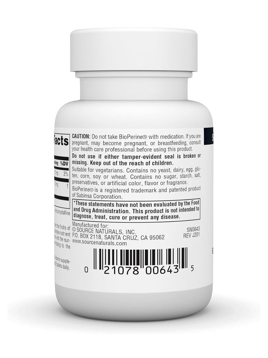 BioPerine Black Pepper Fruit Extract 10 mg | Unflavored | Hypoallergenic | Calcium 27 mg | 60 Tablets