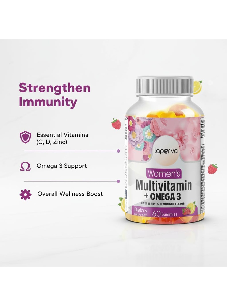 Women's Multivitamin,  Omega 3 | Raspberry, Lemonade Flavor | Immune Support | Omega-3 Fatty Acids |  60 Gummies