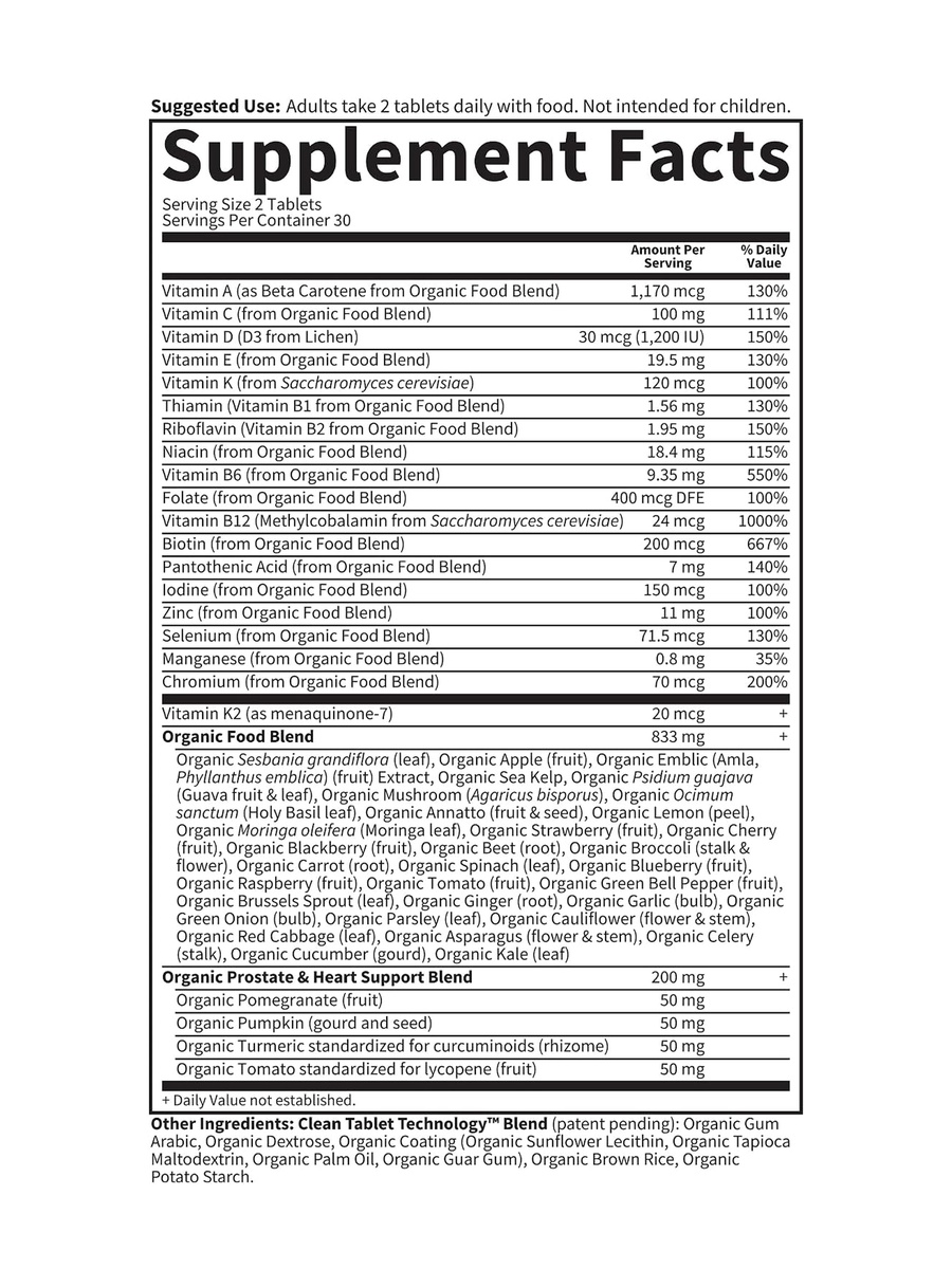 Whole Food Multivitamin for Men's 40+ | Unflavored | Prostate Health Support | Chromium, Manganese, Selenium, Vitamin B12 |  60 Tablets