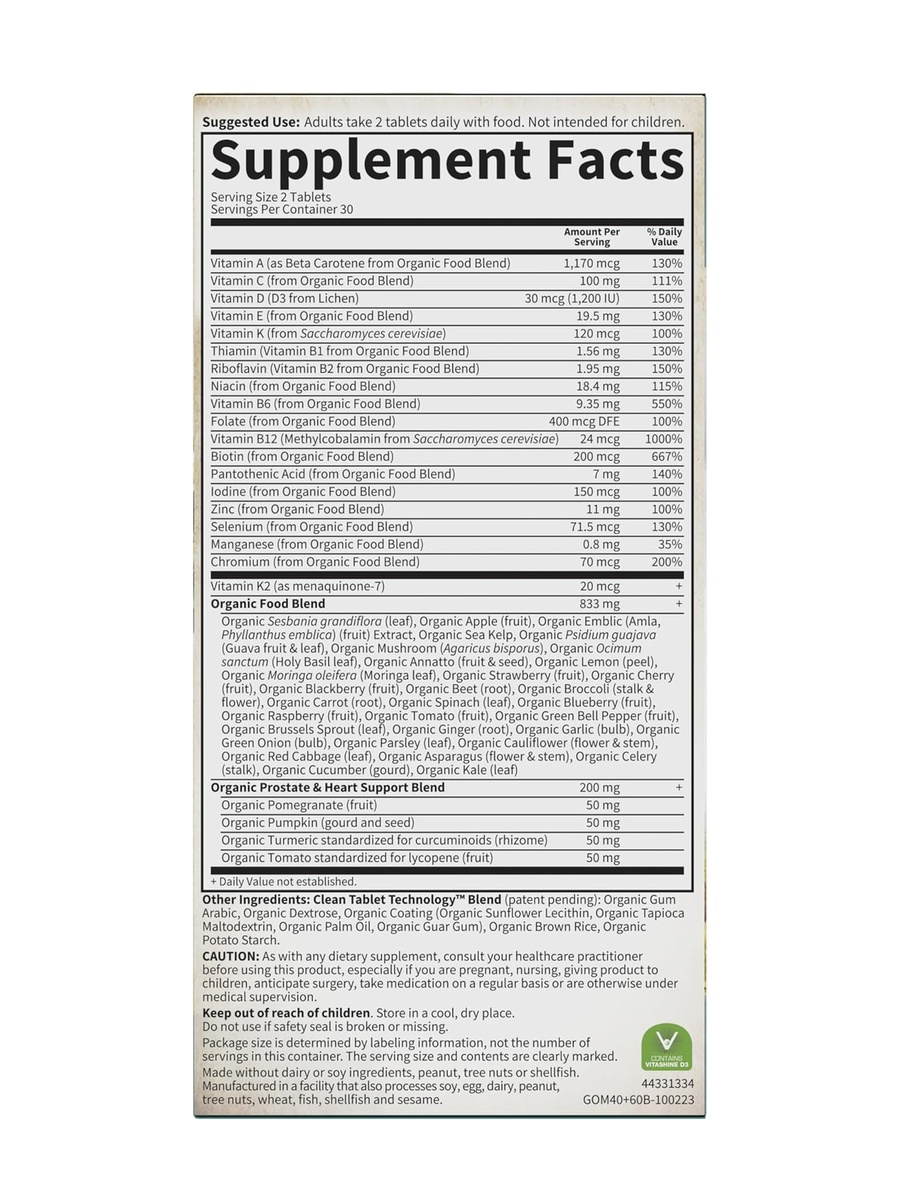 Whole Food Multivitamin for Men's 40+ | Unflavored | Prostate Health Support | Chromium, Manganese, Selenium, Vitamin B12 |  60 Tablets