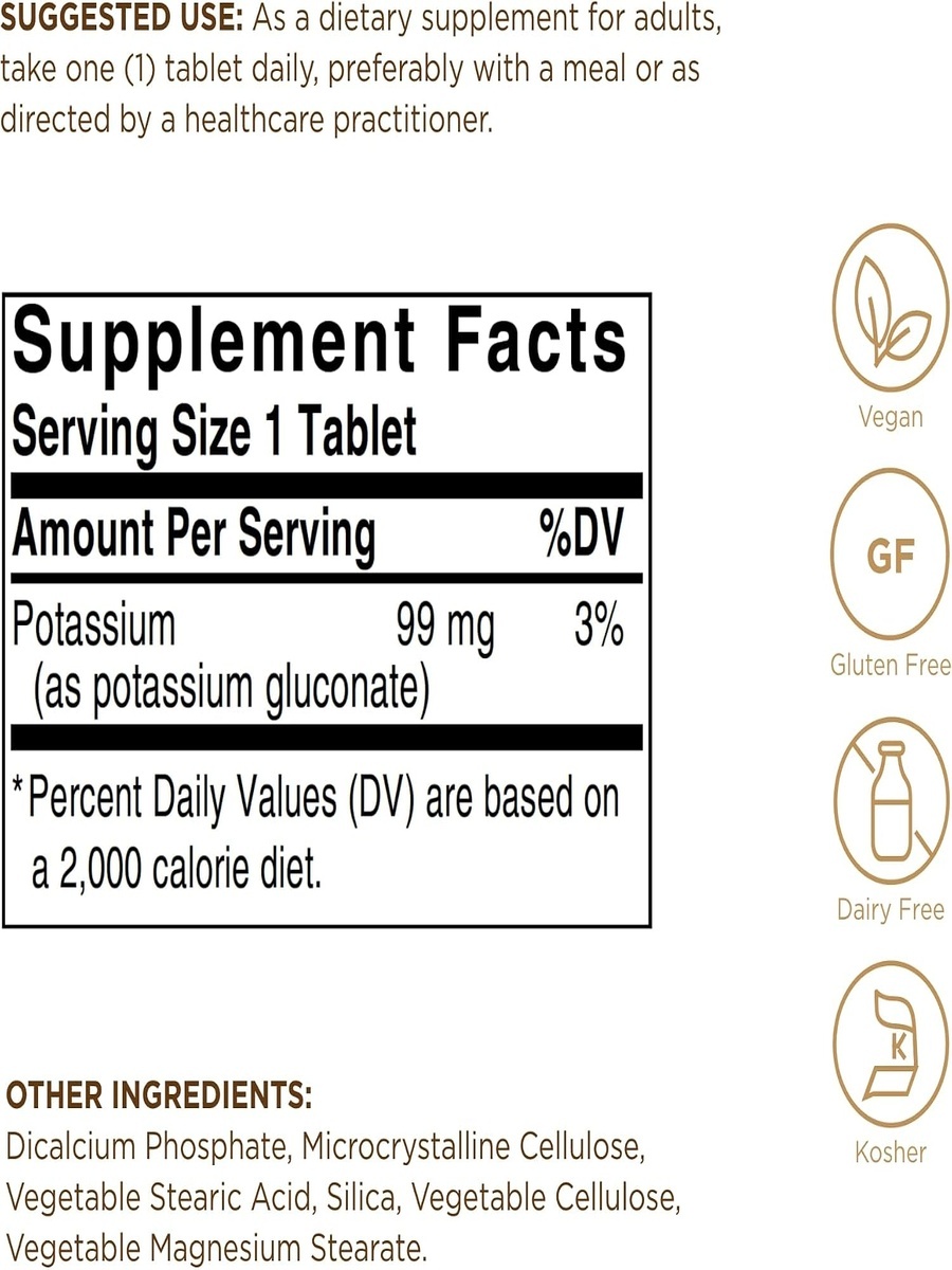 Potassium 99 mg Dietary Supplement | Unflavored | Supports Electrolyte Balance | Potassium |  100 Tablets