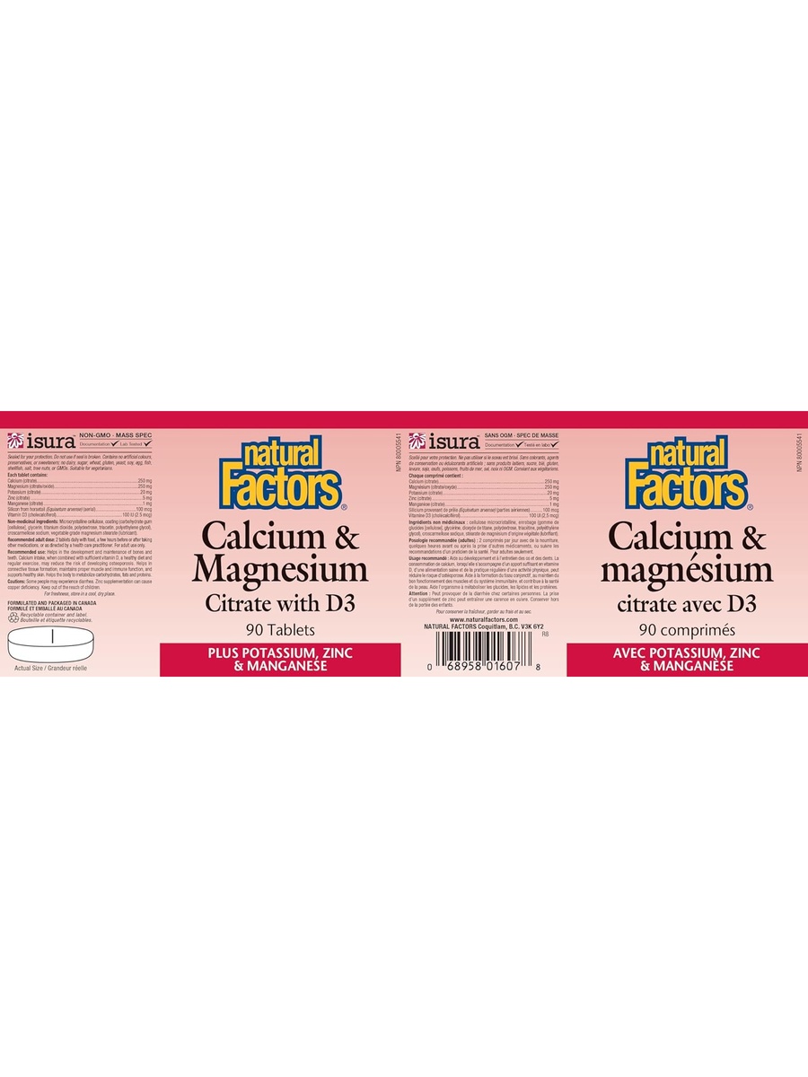 Calcium and Magnesium Citrate with D3 | Endurance, Bone Health | Potassium, Zinc, Manganese |  90 Tablets