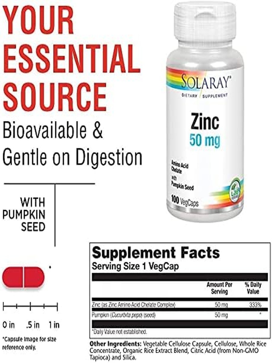 Zinc 50 mg | Unflavored | Digestive Health Support | Amino Acid Chelate, Pumpkin Seed |  100 Veggie Capsules