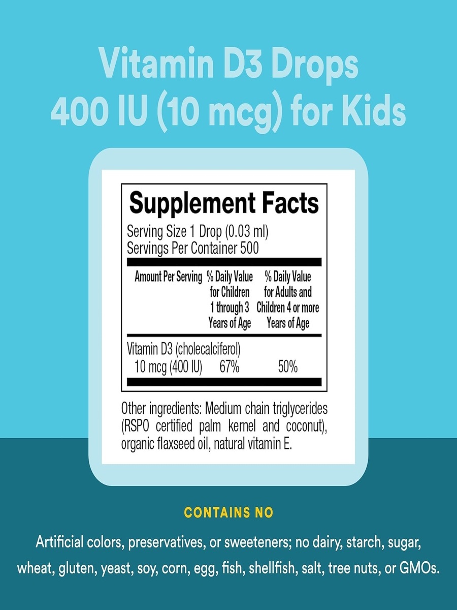 Kids Vitamin D3, 400 IU Drop | Unflavored, 15 ml | Bone Health Support | 500 Servings