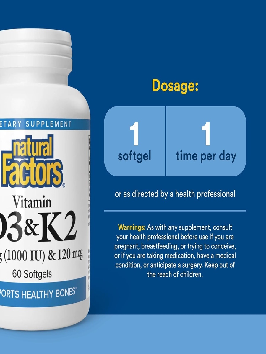 Vitamin D3, 25 mcg and Vitamin K2, 120 mcg | Unflavored | Bone Health Support, Energy Management | Vitamin D3, Vitamin K, Calcium, Vitamin D |  60 Softgels
