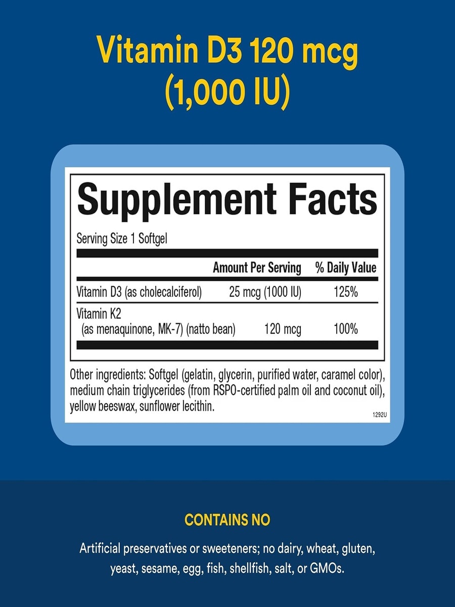 Vitamin D3, 25 mcg and Vitamin K2, 120 mcg | Unflavored | Bone Health Support, Energy Management | Vitamin D3, Vitamin K, Calcium, Vitamin D |  60 Softgels
