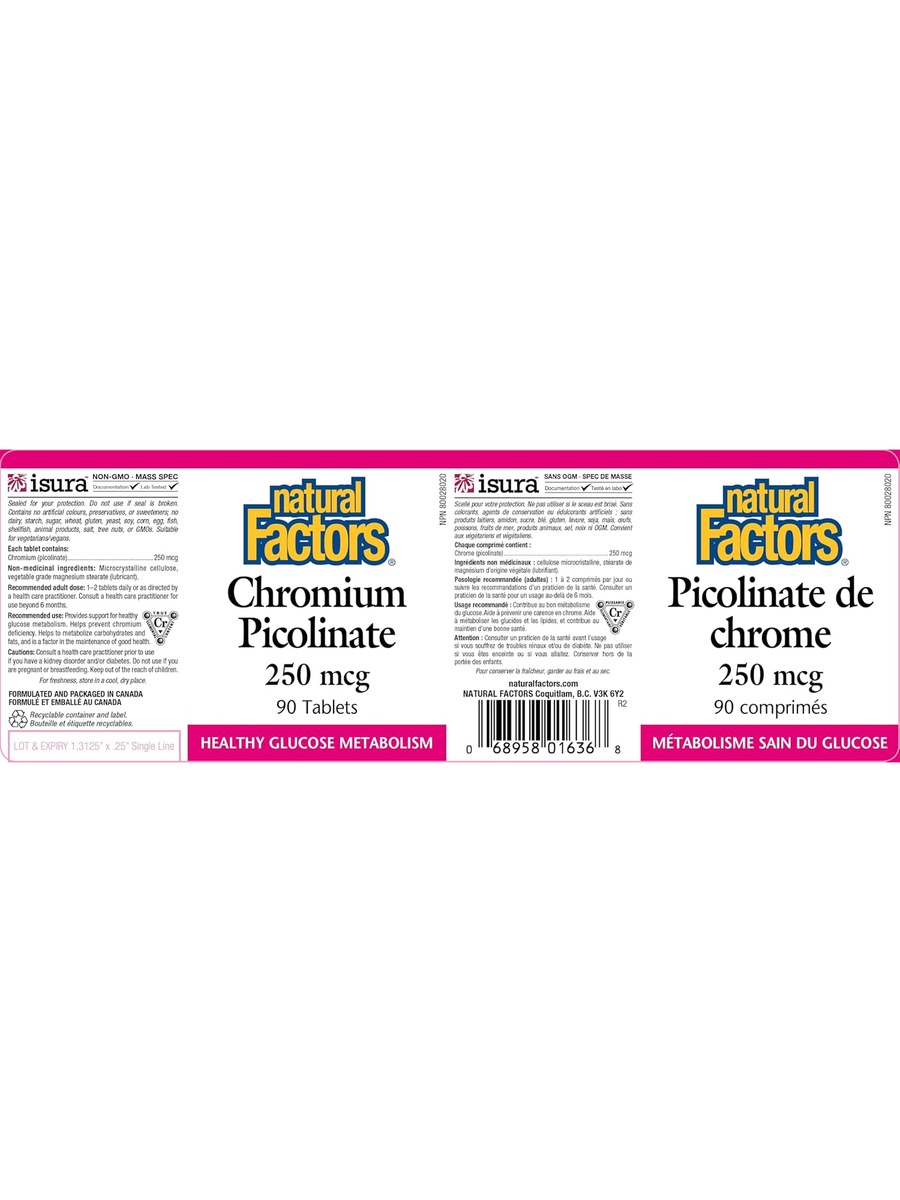 Chromium Picoline 250 mcg | Unflavored | Healthy Glucose Metabolism |  90 Tablets