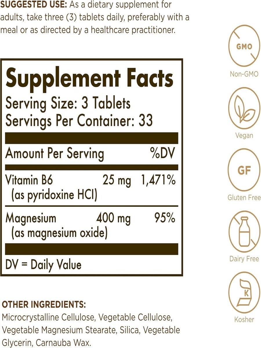 Magnesium With Vitamin B6 Tablets | Unflavored | Nervous System Health and Metabolism | Magnesium | 100 Tablets