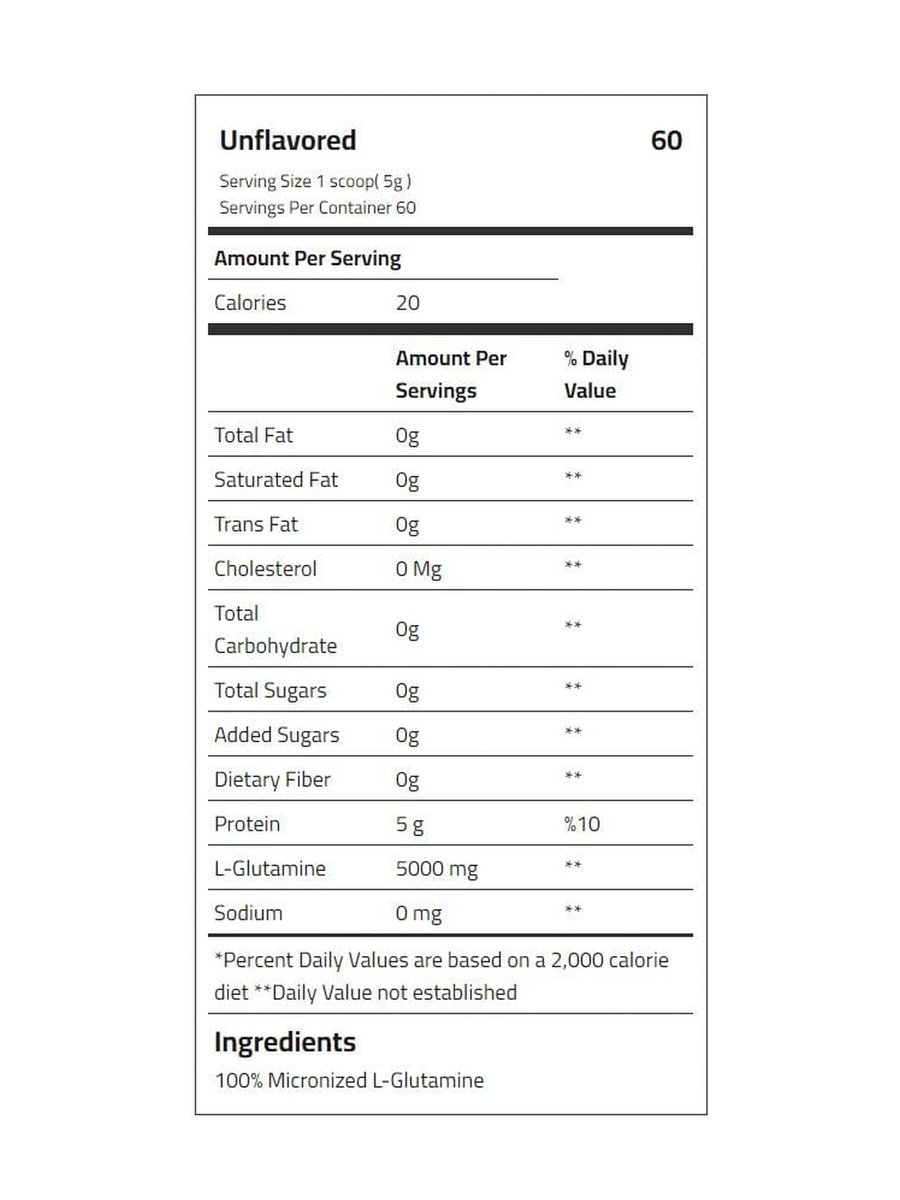 Glutamine 5000 mg Powder | Unflavored, 300 g | Exercise Recovery, Muscle Buildup | 60 Servings