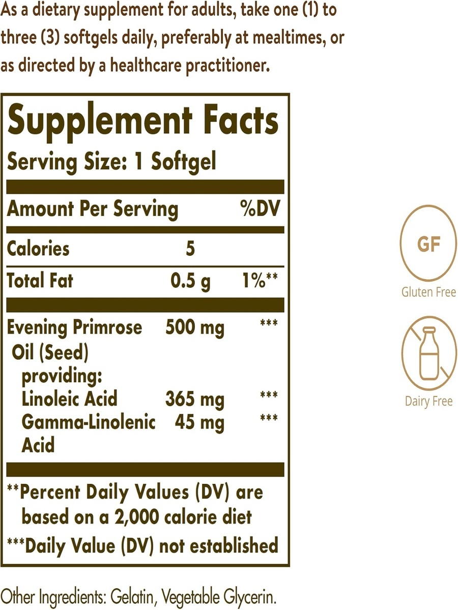 Evening Primrose Oil 500 Mg | Unflavored | Helps with occasional dry skin and Promotes healthy functioning of the | Evening Primrose Oil | 180 Softgels