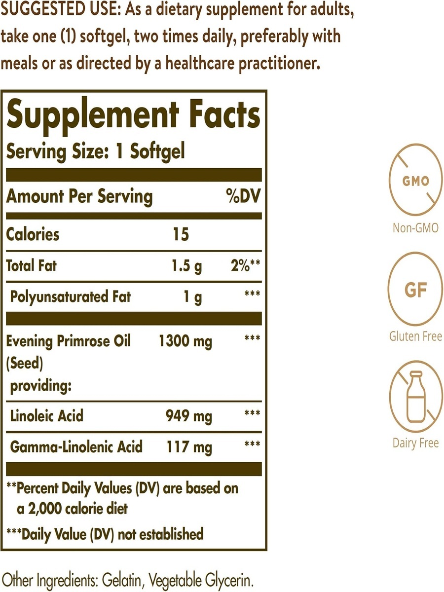 Evening Primrose Oil 1300 Mg | Metabolism | Evening Primrose |  60 Softgels