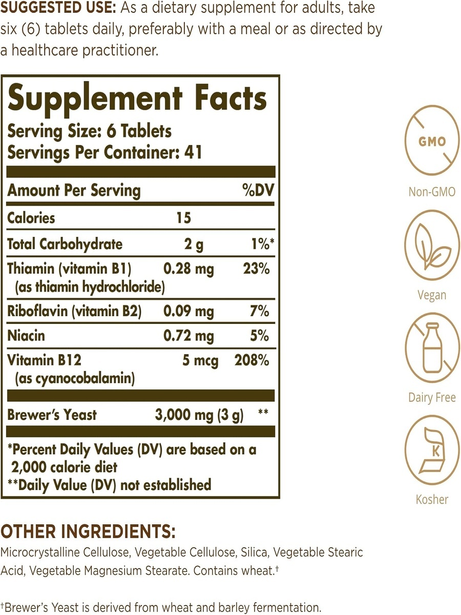 Brewers Yeast With Vitamin B12 Tablets | Unflavored | Immune Support | Vitamin B12 | 250 Tablets