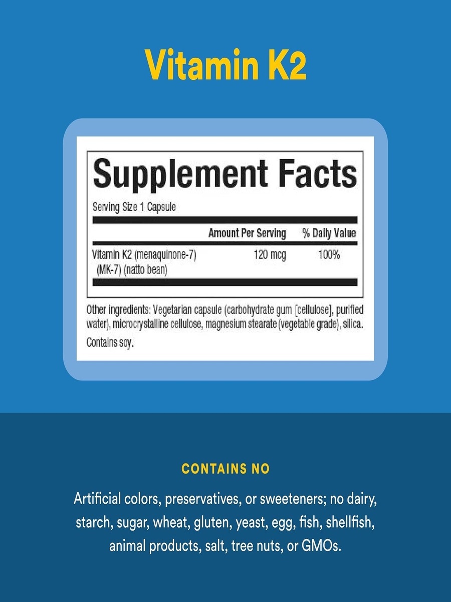 Vitamin K2 100 mcg | Bone and Joint Support | Calcium, Bioavailable MK-7 Form |  60 Vegetarian Capsules