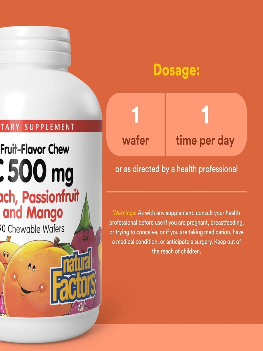 Vitamin C 500 mg | Mixed Fruit Flavour, Peach, Passionfruit, Mango | Immune Support | 90 Chewable Wafers
