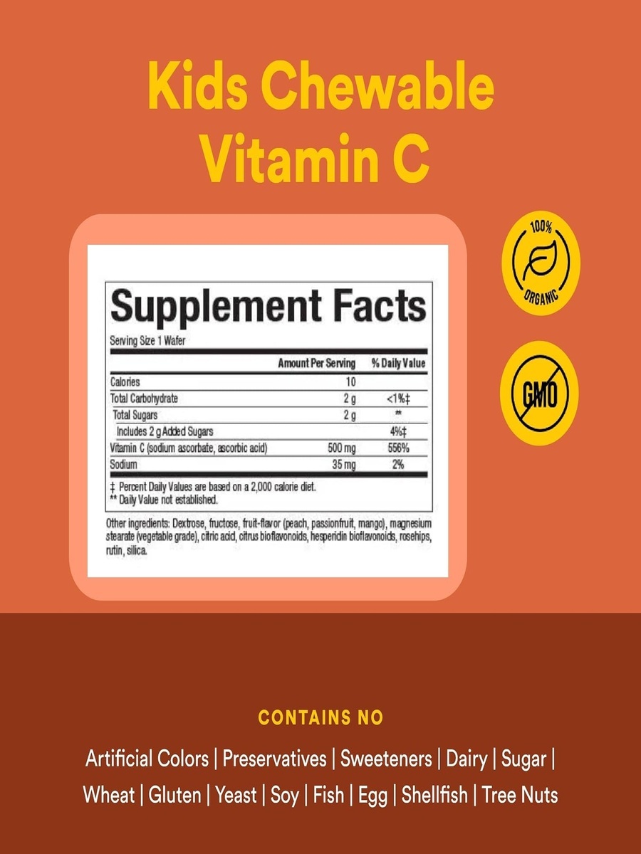 Vitamin C 500 mg | Mixed Fruit Flavour, Peach, Passionfruit, Mango | Immune Support | 90 Chewable Wafers