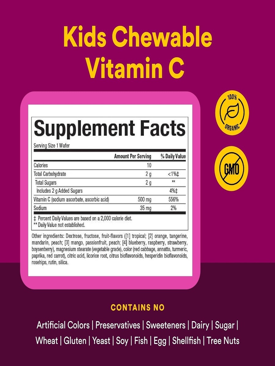 Vitamin C 500 mg | Four Mixed Fruit Flavours | Immune Support | 90 Chewable Wafers