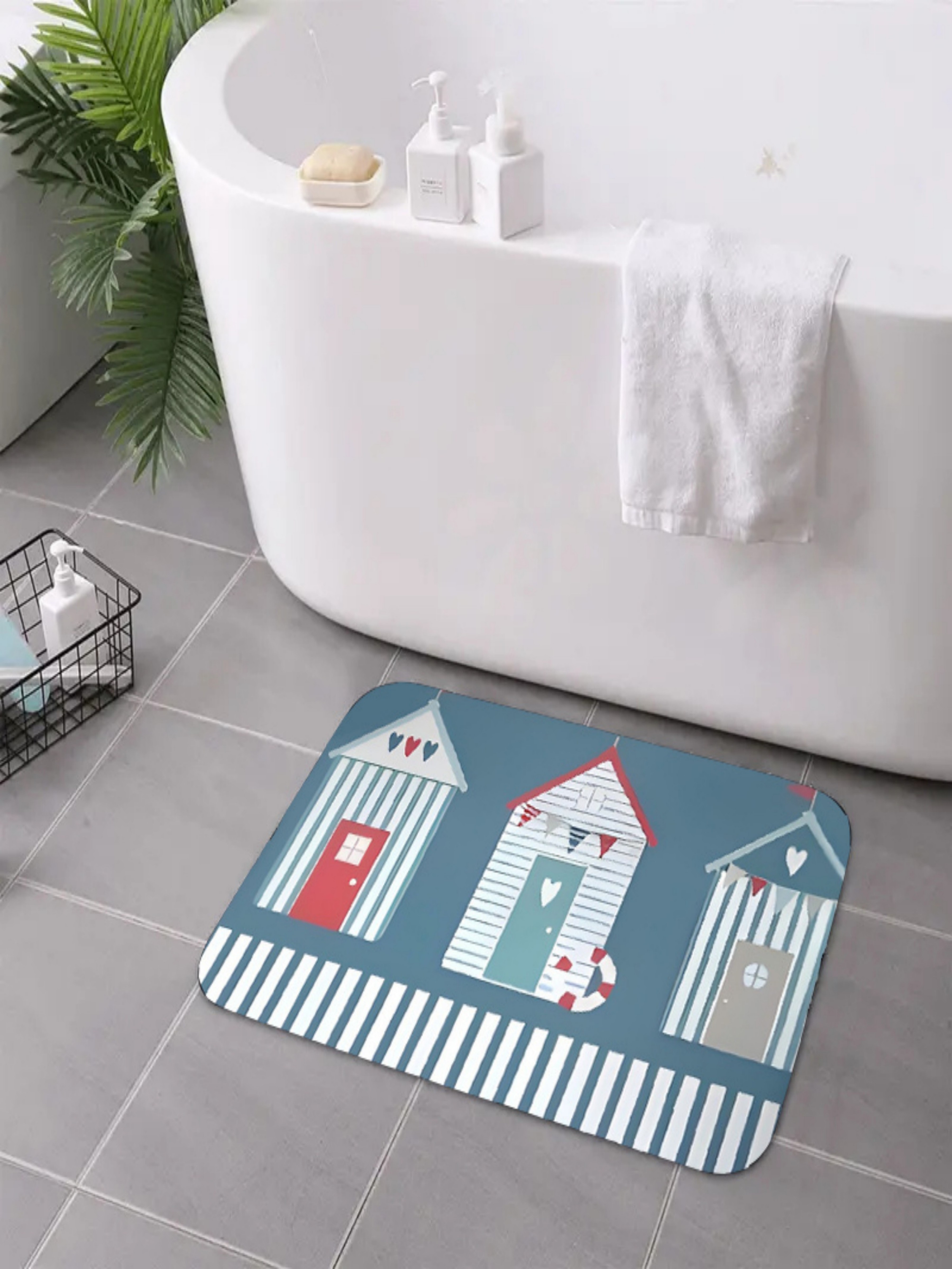 Coastal Beach Hut Design Microfiber Bath Mat