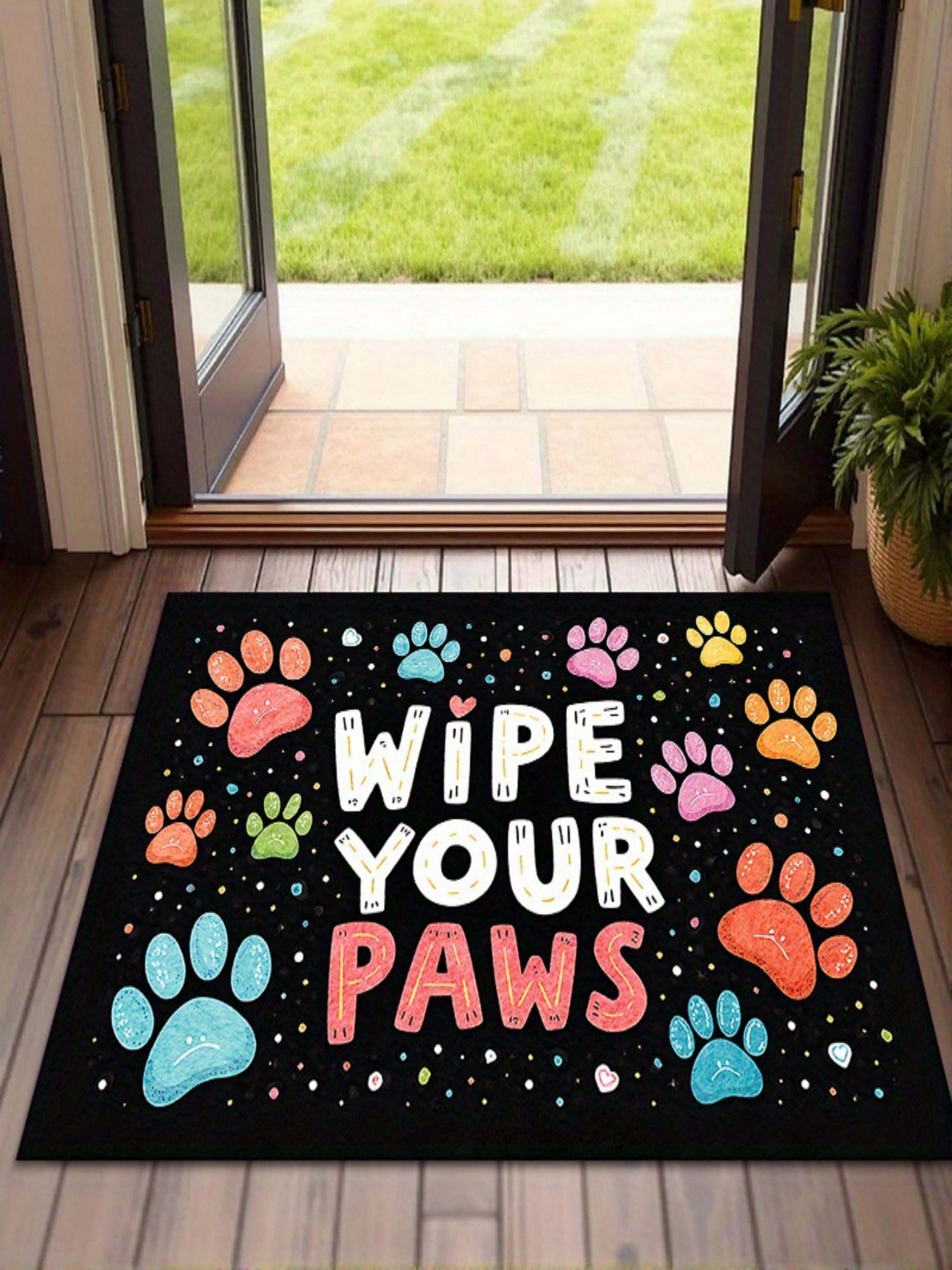 Black Microfiber Wipe Your Paws Printed Doormat