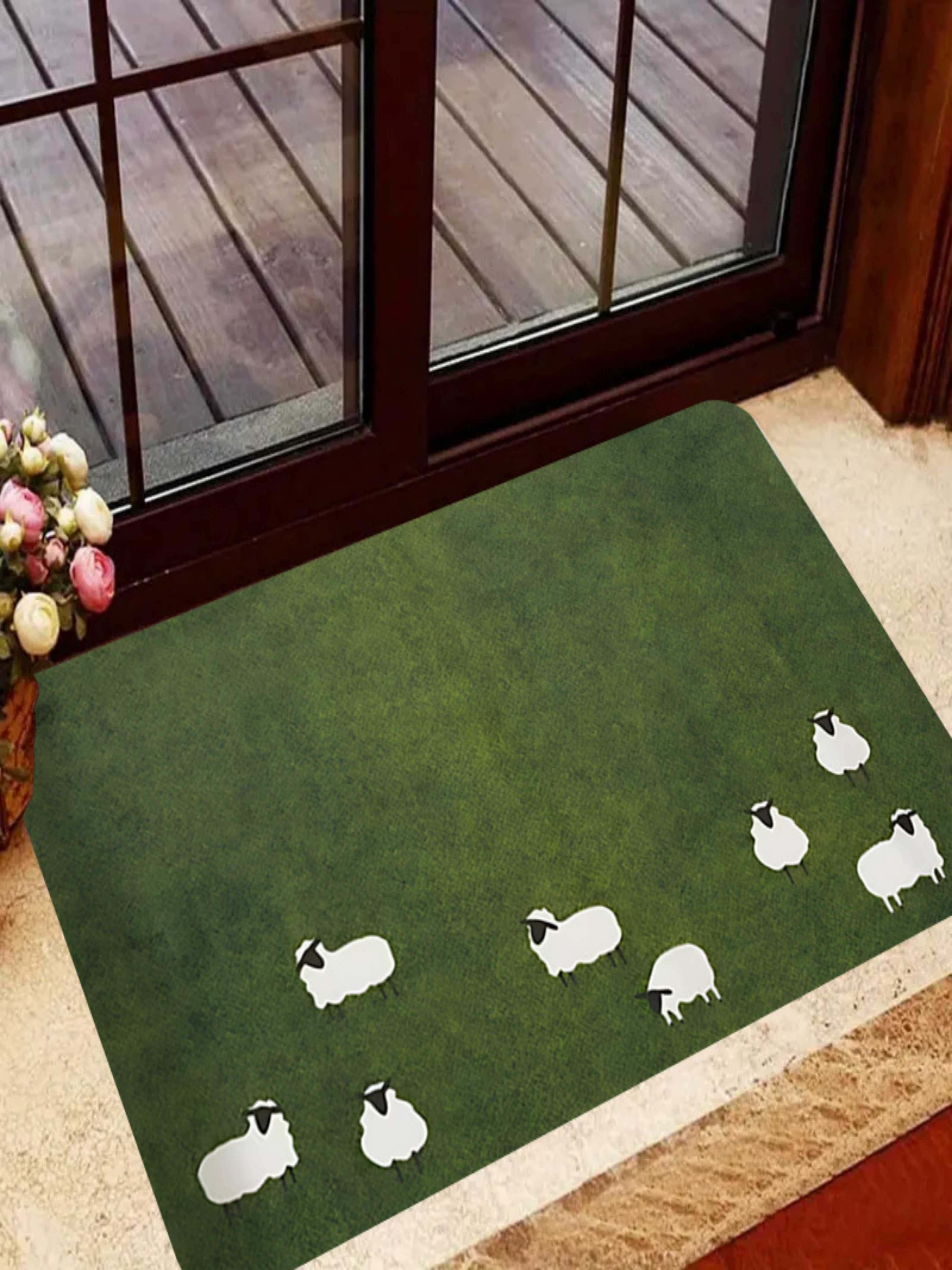 Green Microfiber Sheep Print Indoor Doormat
