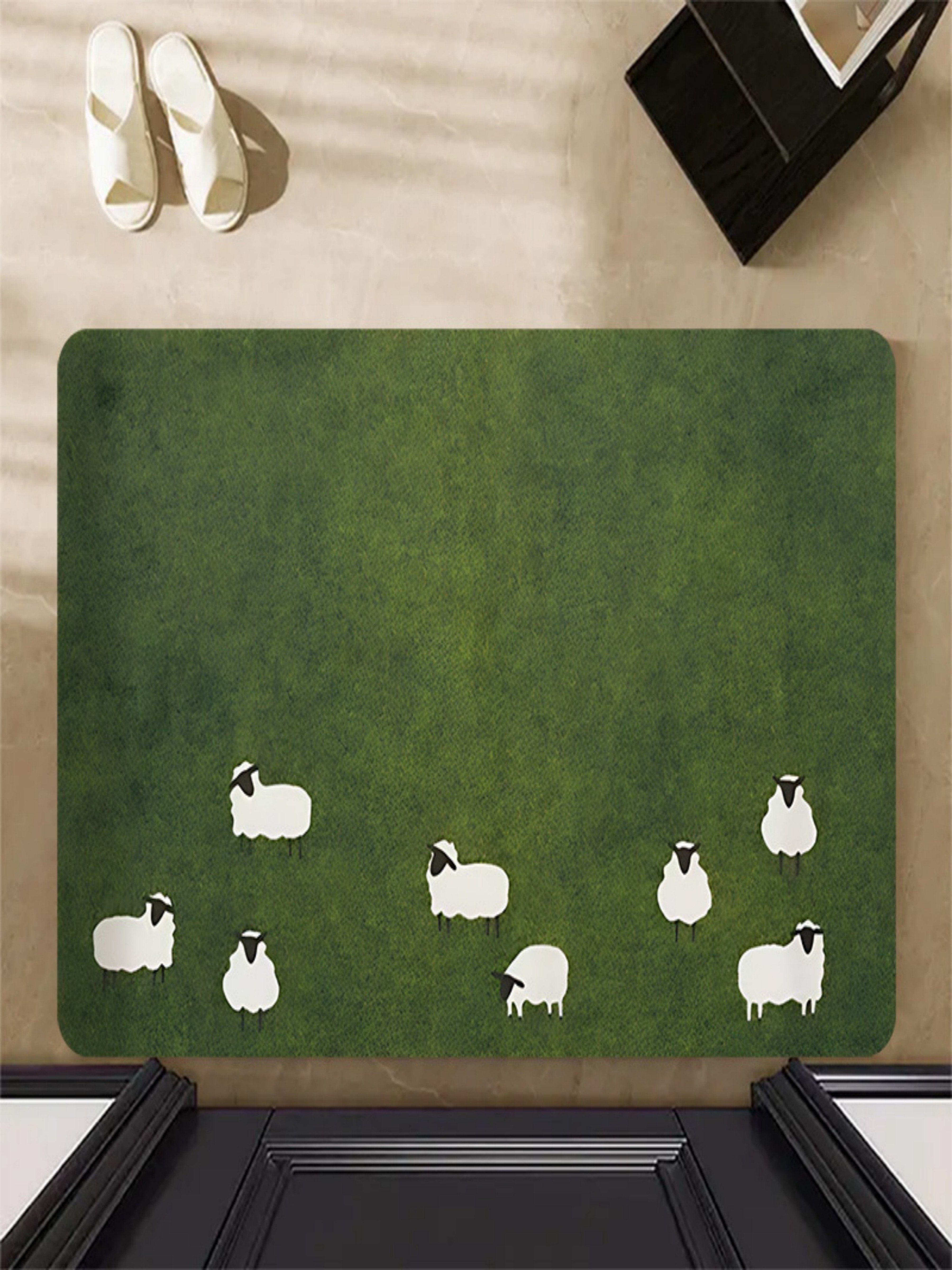 Green Microfiber Sheep Print Indoor Doormat