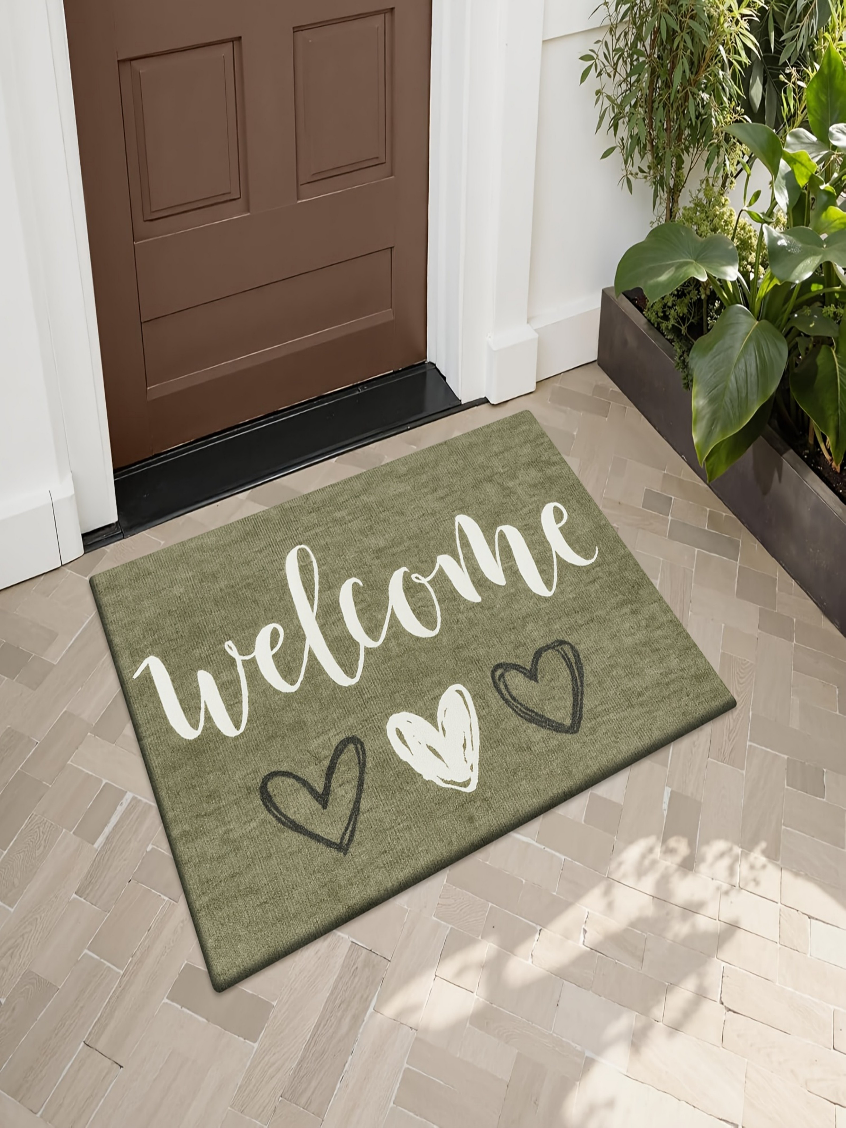 Green Microfiber Welcome Door Mat with Heart Print