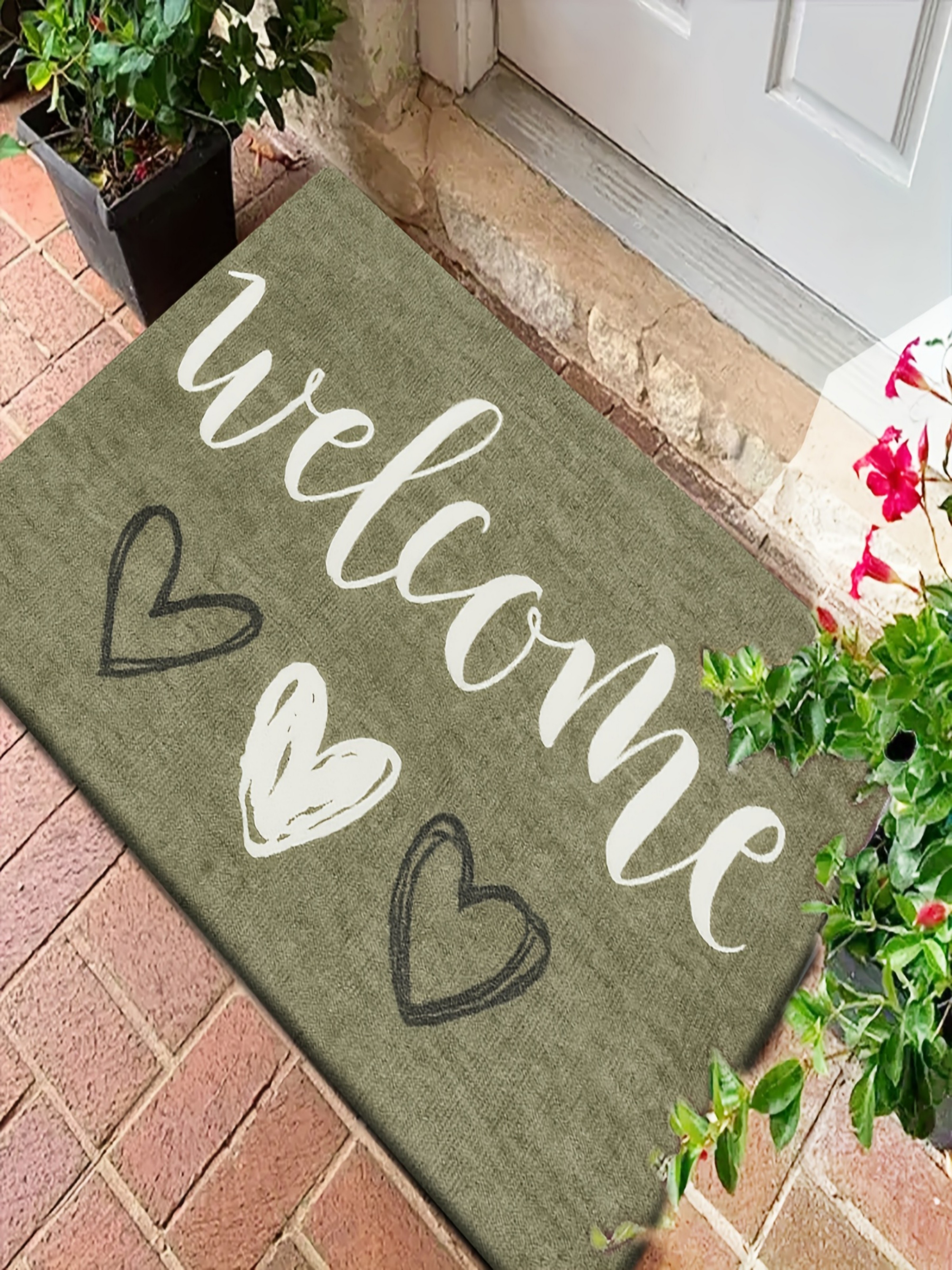 Green Microfiber Welcome Door Mat with Heart Print