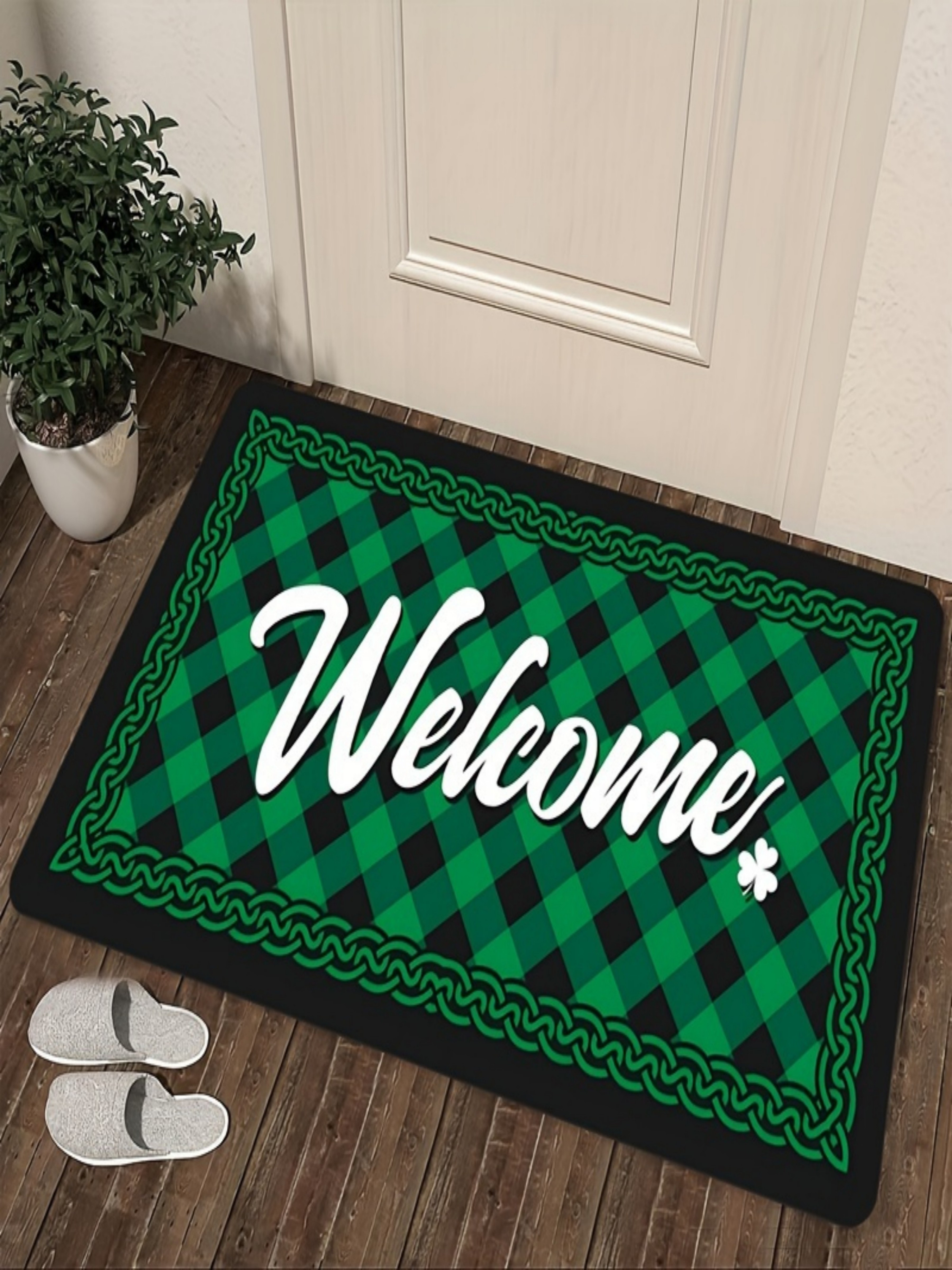 St. Patricks Day Green Plaid Welcome Doormat with Celtic Knot Border