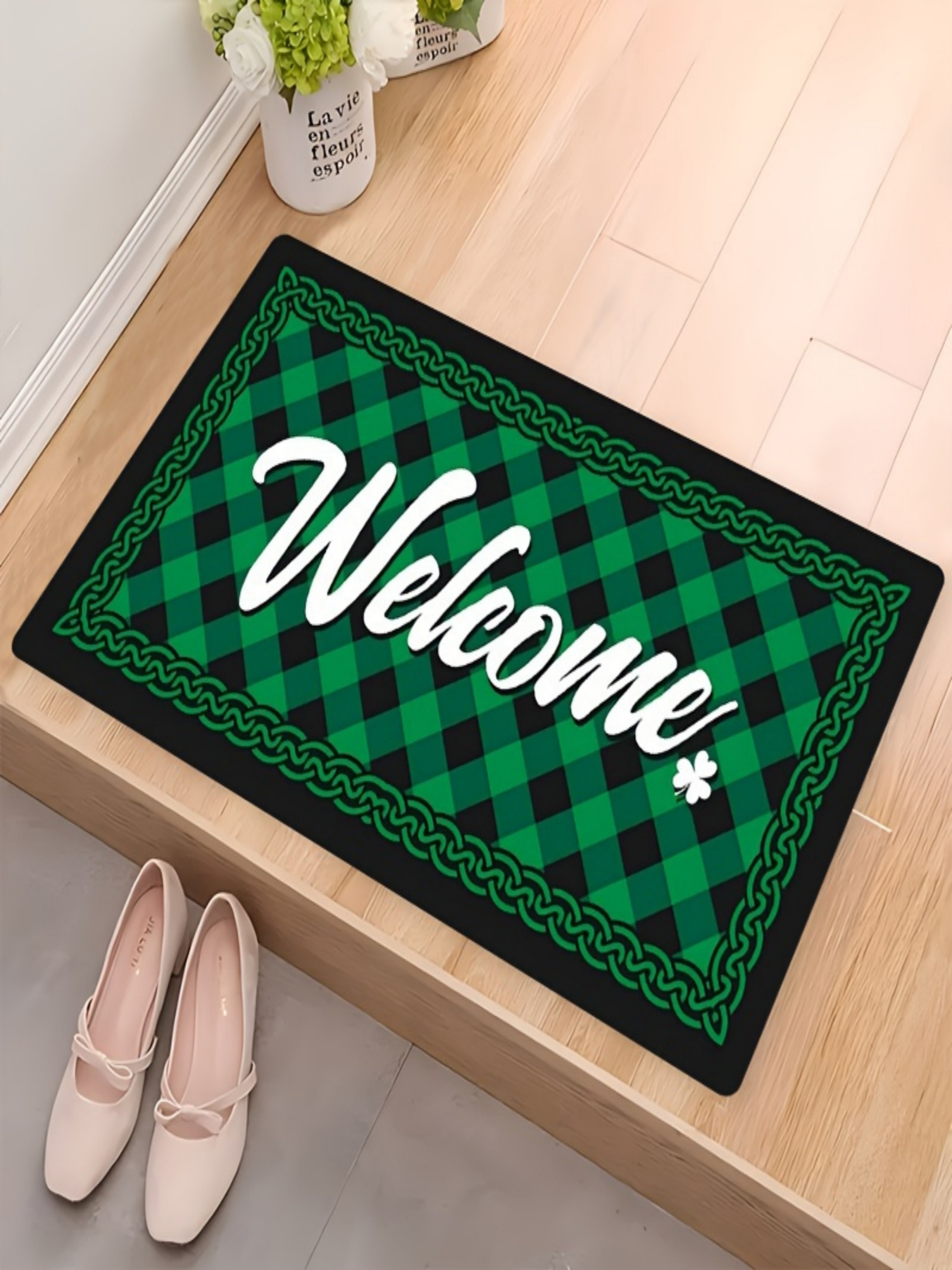 St. Patricks Day Green Plaid Welcome Doormat with Celtic Knot Border