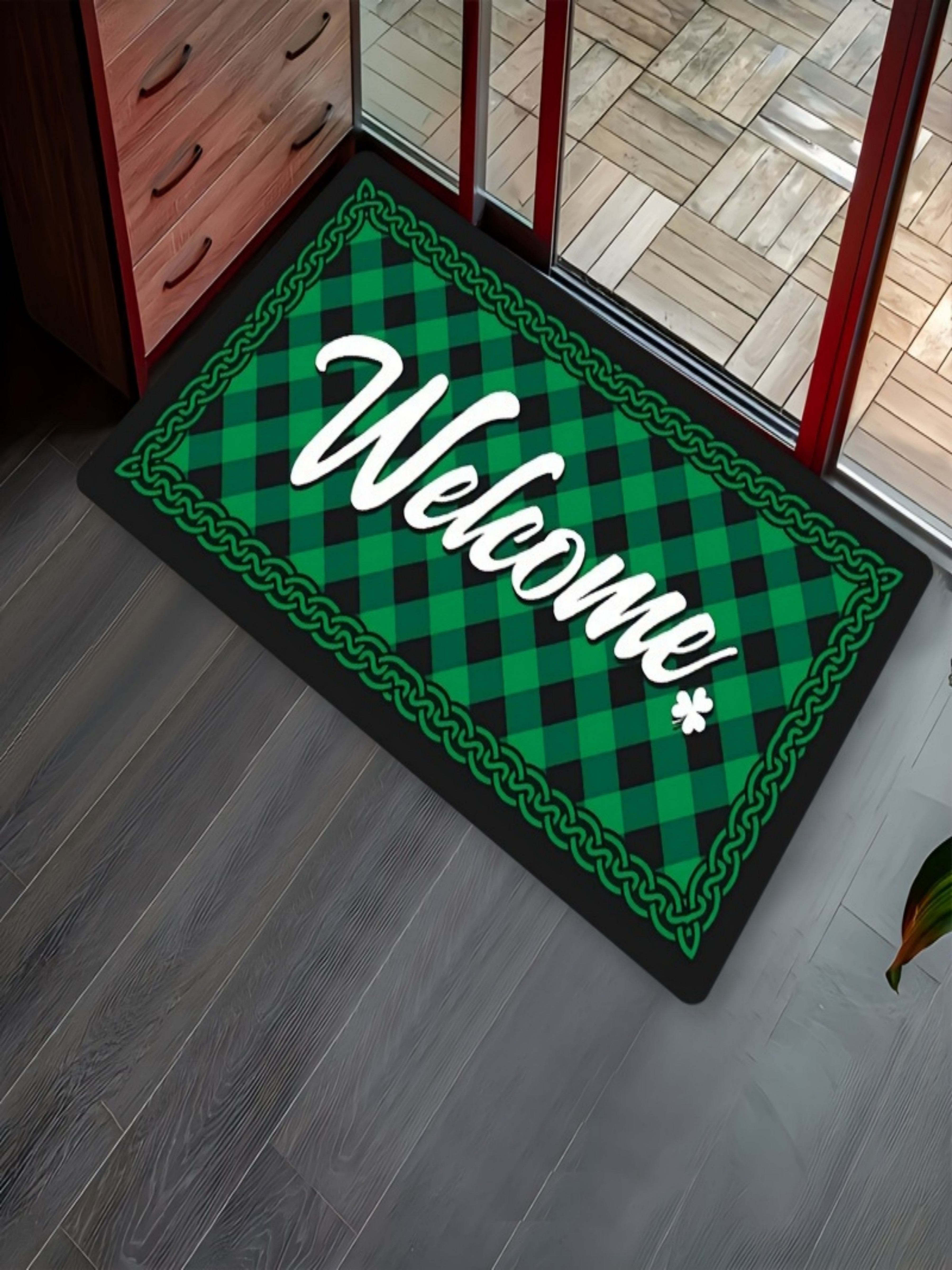 St. Patricks Day Green Plaid Welcome Doormat with Celtic Knot Border