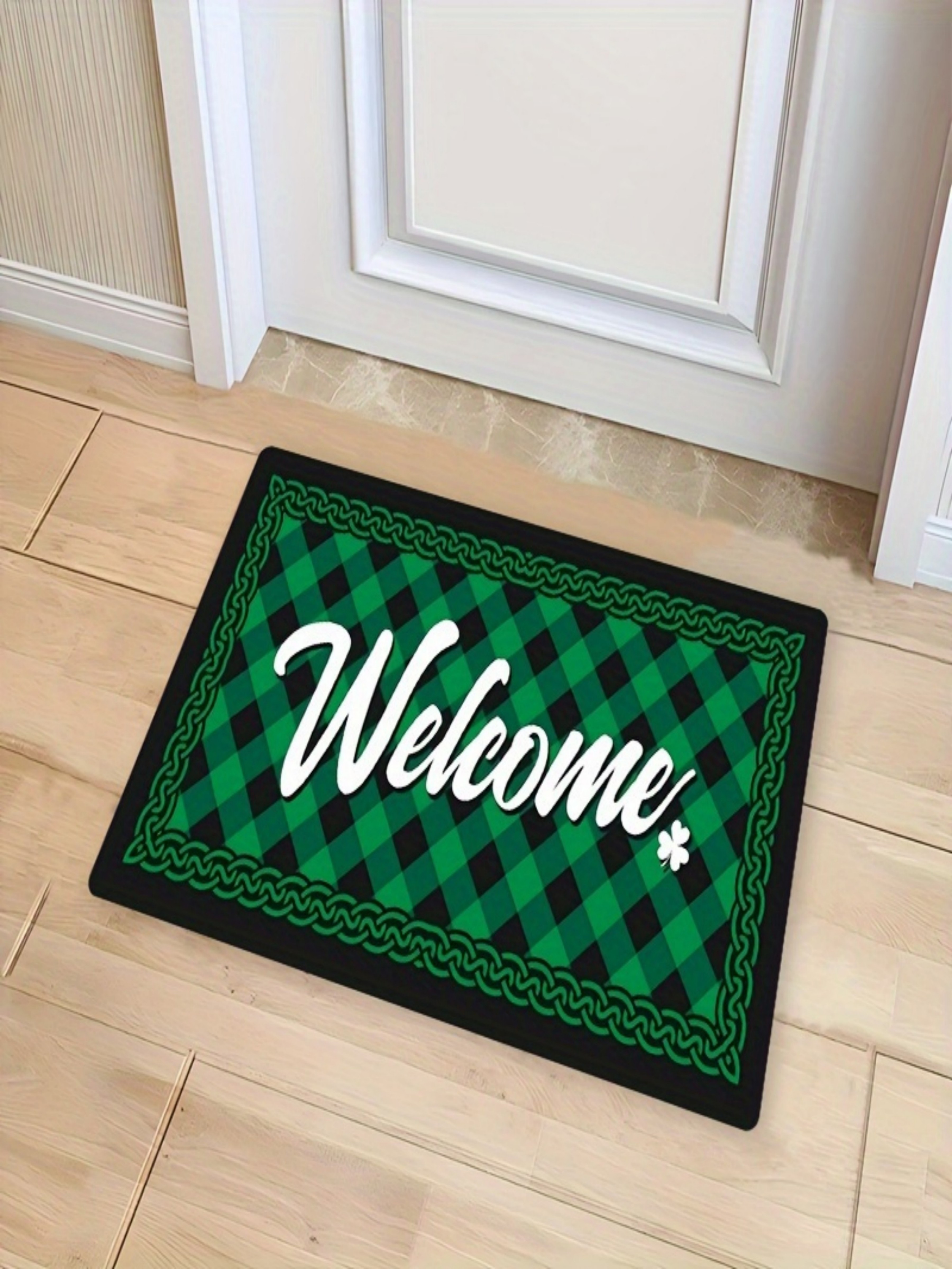 St. Patricks Day Green Plaid Welcome Doormat with Celtic Knot Border