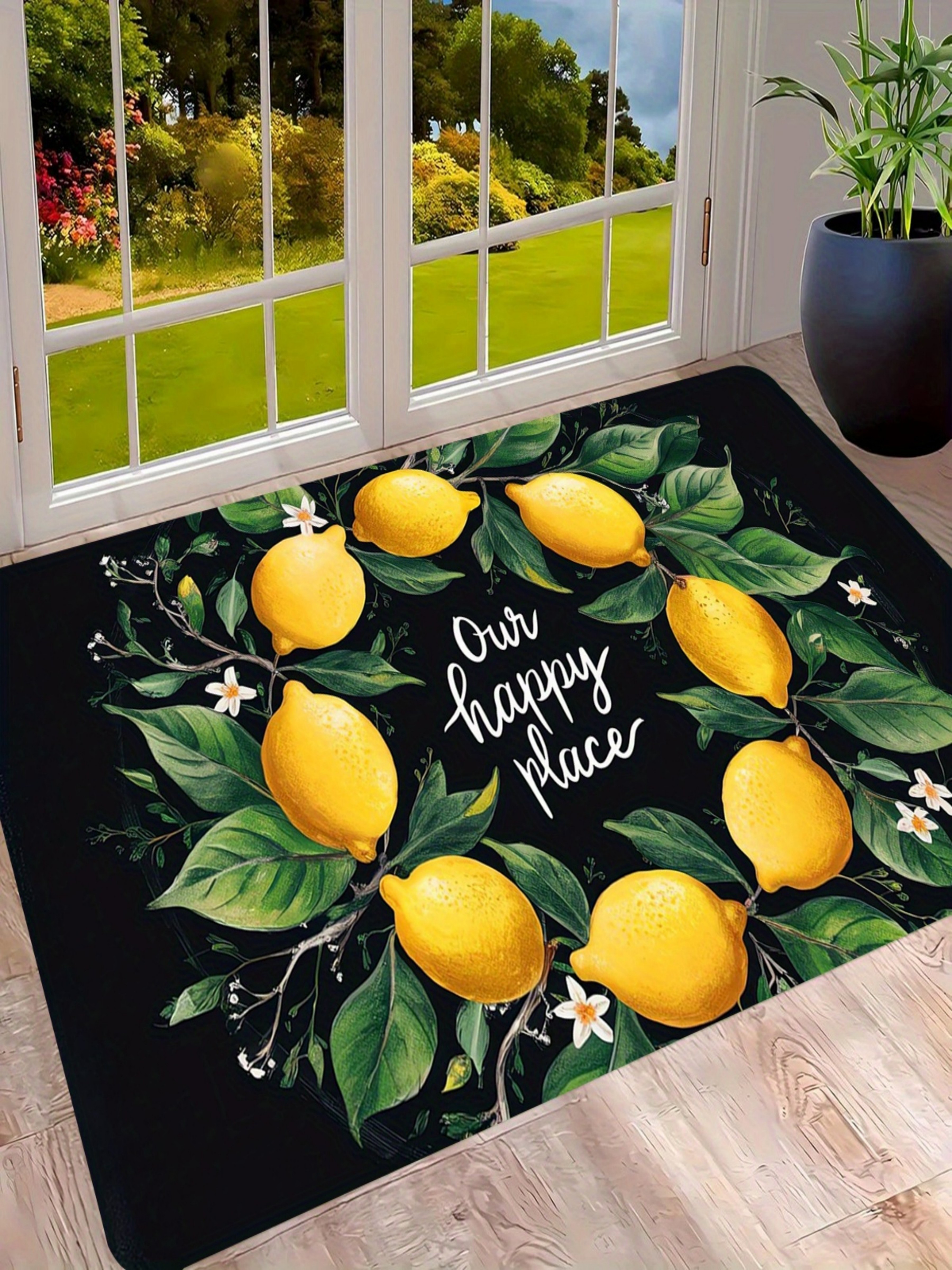 Our Happy Place Lemon Print Microfiber Door Mat - Black