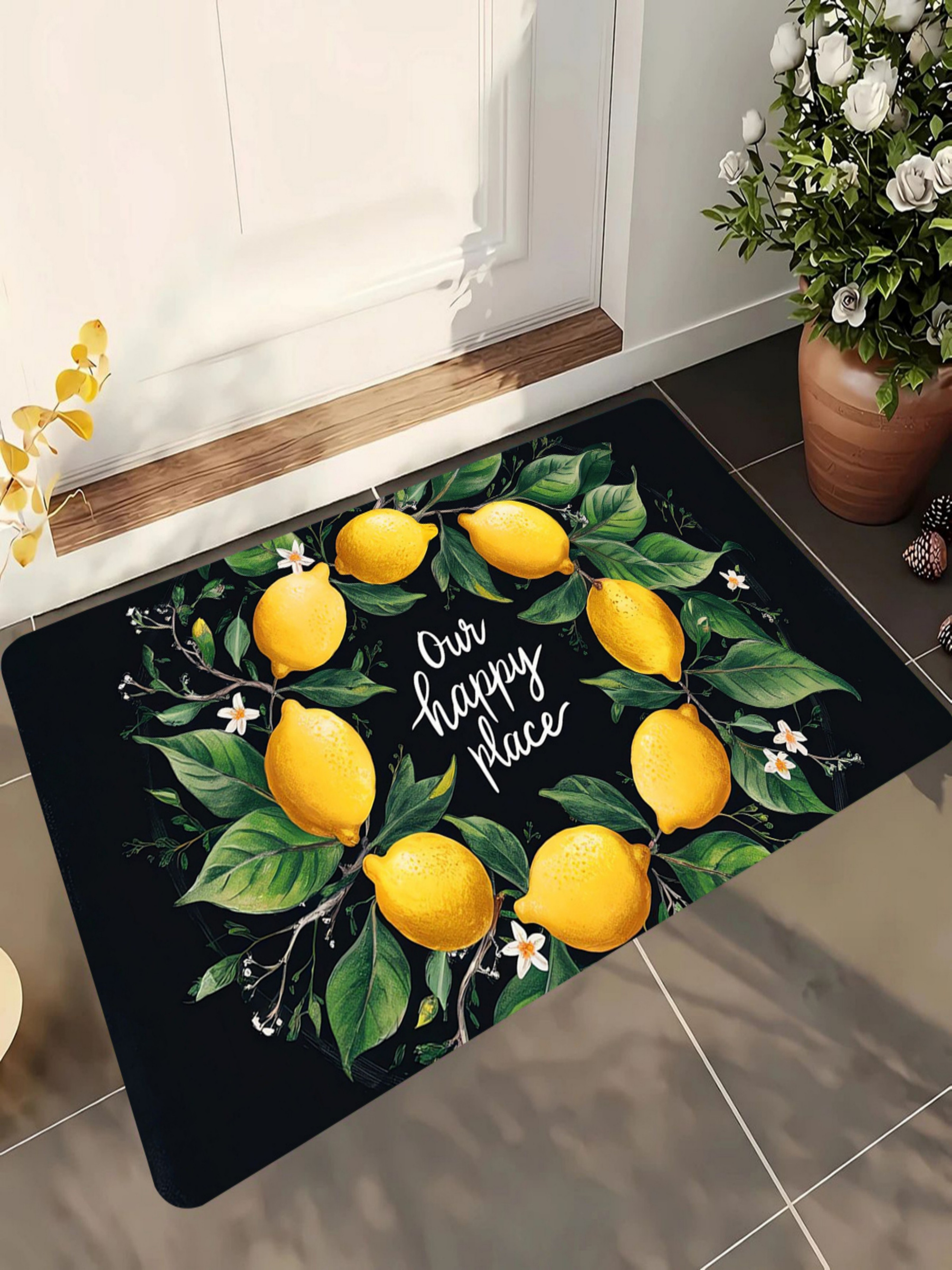 Our Happy Place Lemon Print Microfiber Door Mat - Black