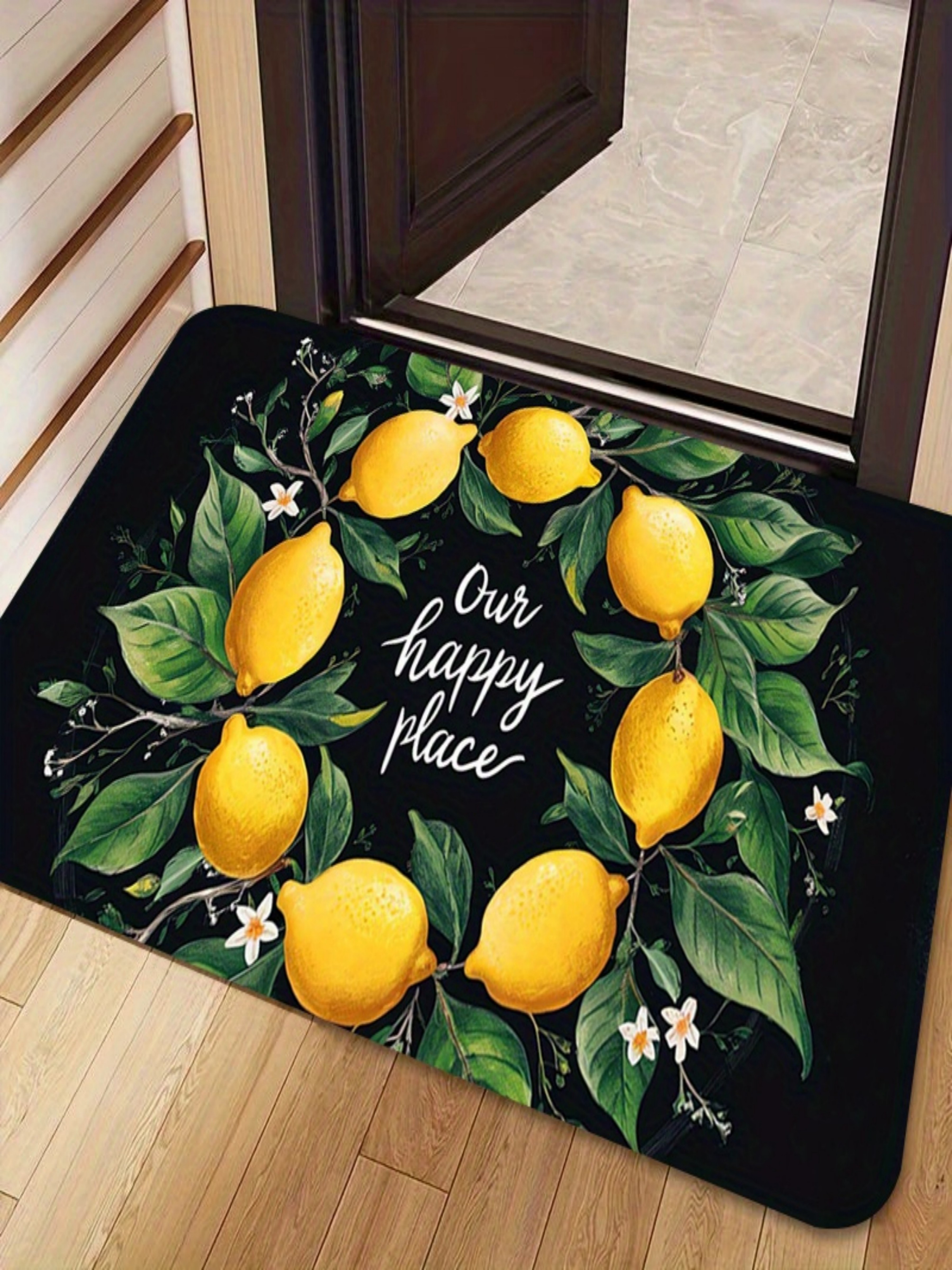 Our Happy Place Lemon Print Microfiber Door Mat - Black