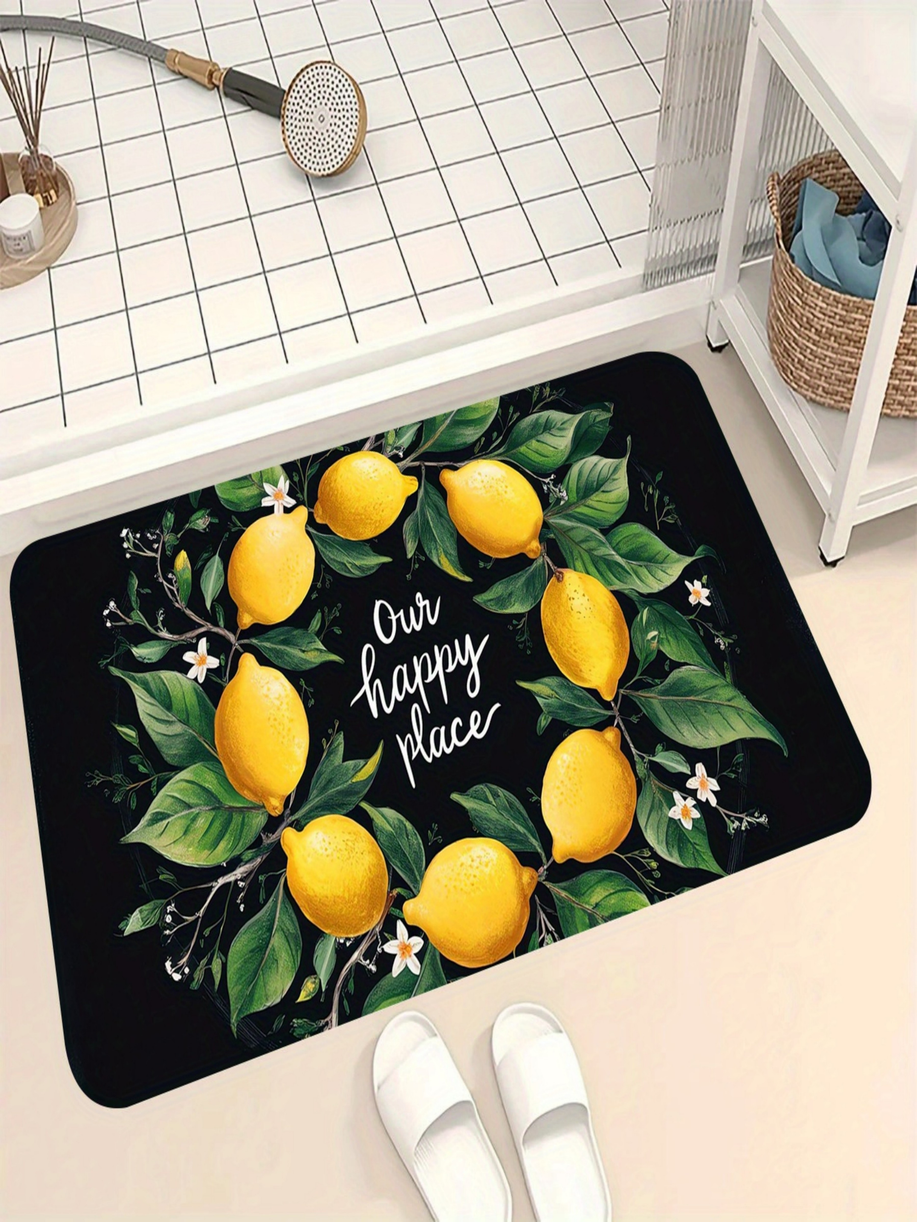 Our Happy Place Lemon Print Microfiber Door Mat - Black