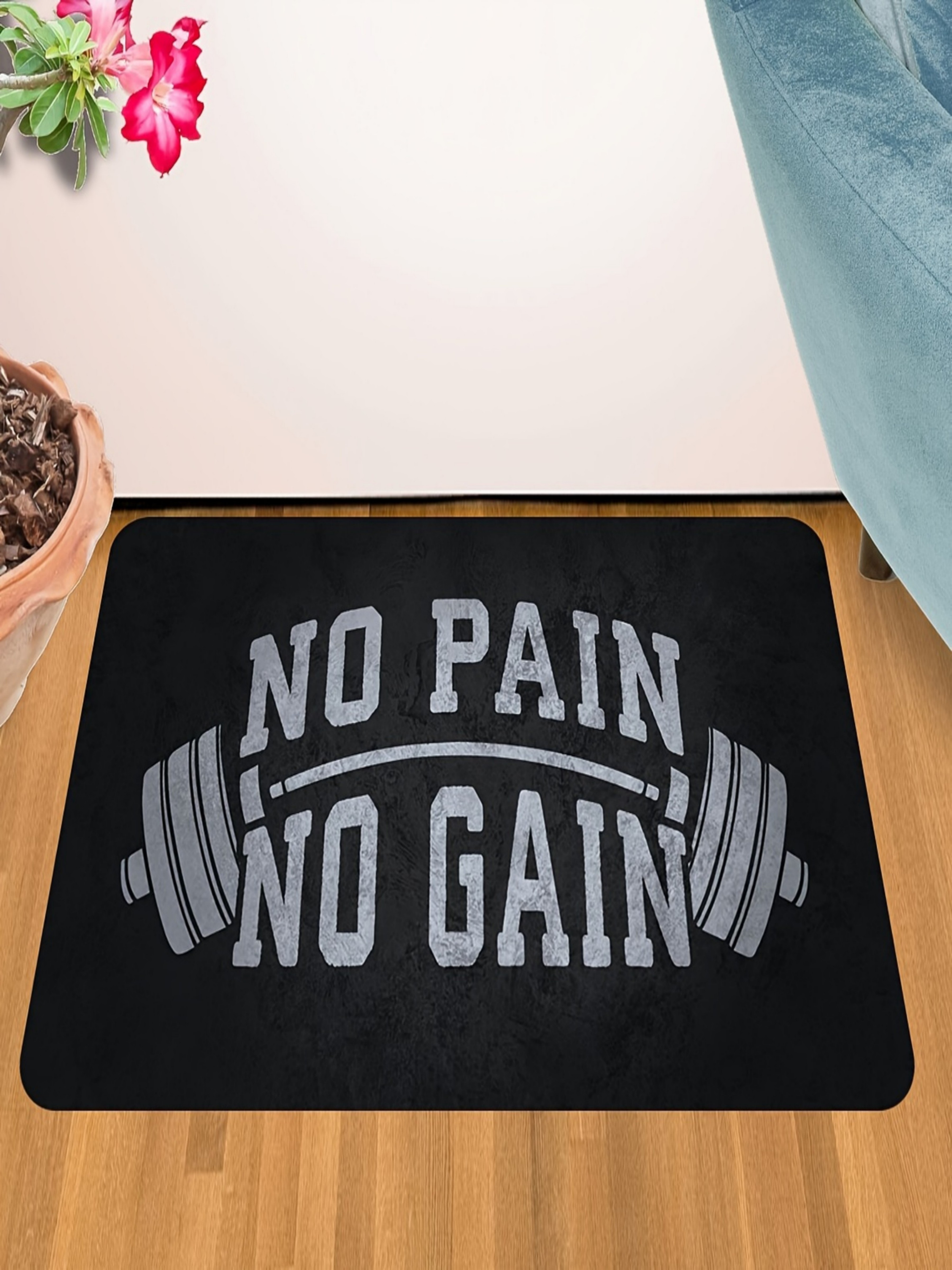 Motivational No Pain No Gain Gym-Themed Indoor Microfiber Rug, Black 40x60cm