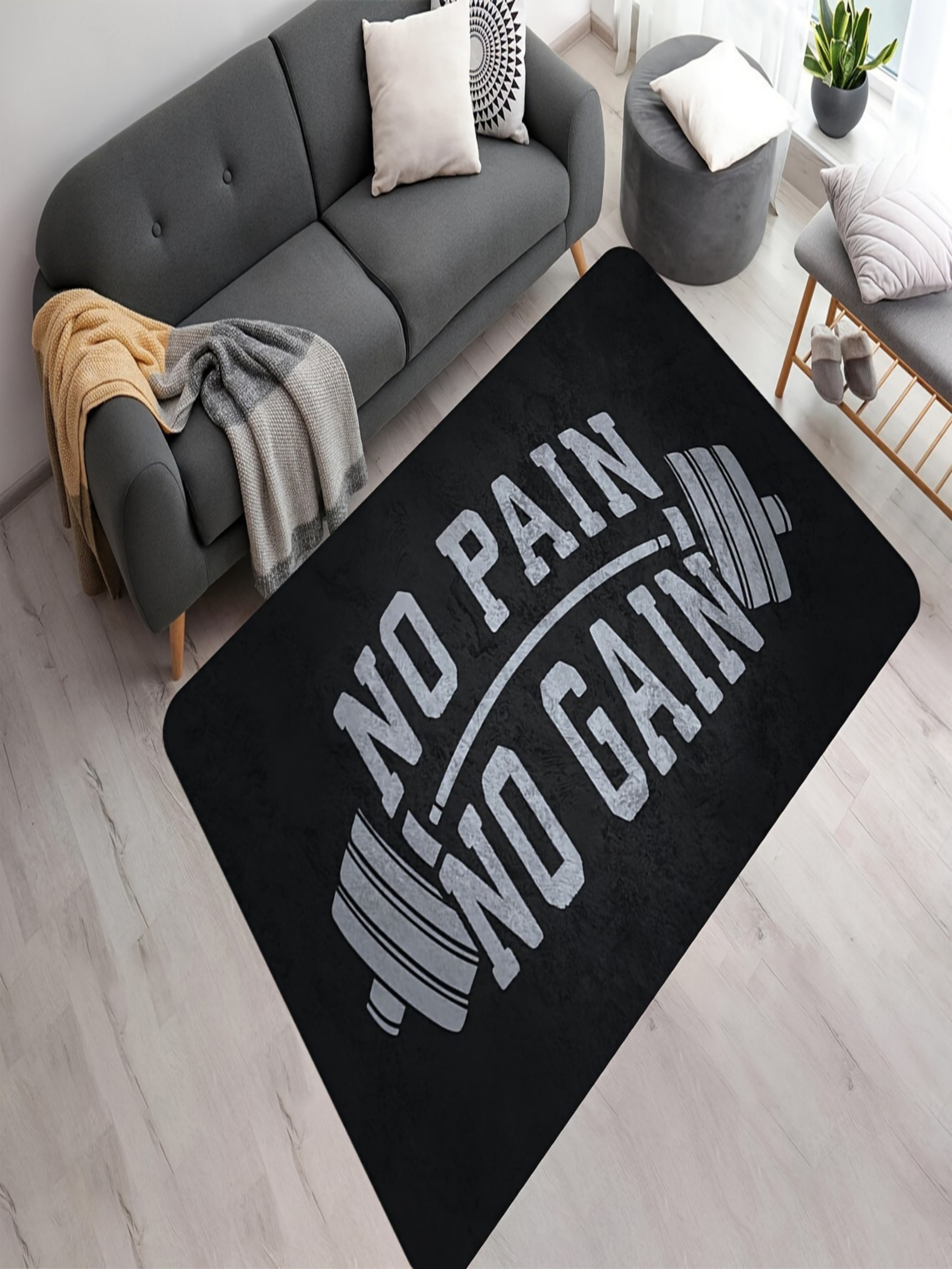 Motivational No Pain No Gain Gym-Themed Indoor Microfiber Rug, Black 40x60cm